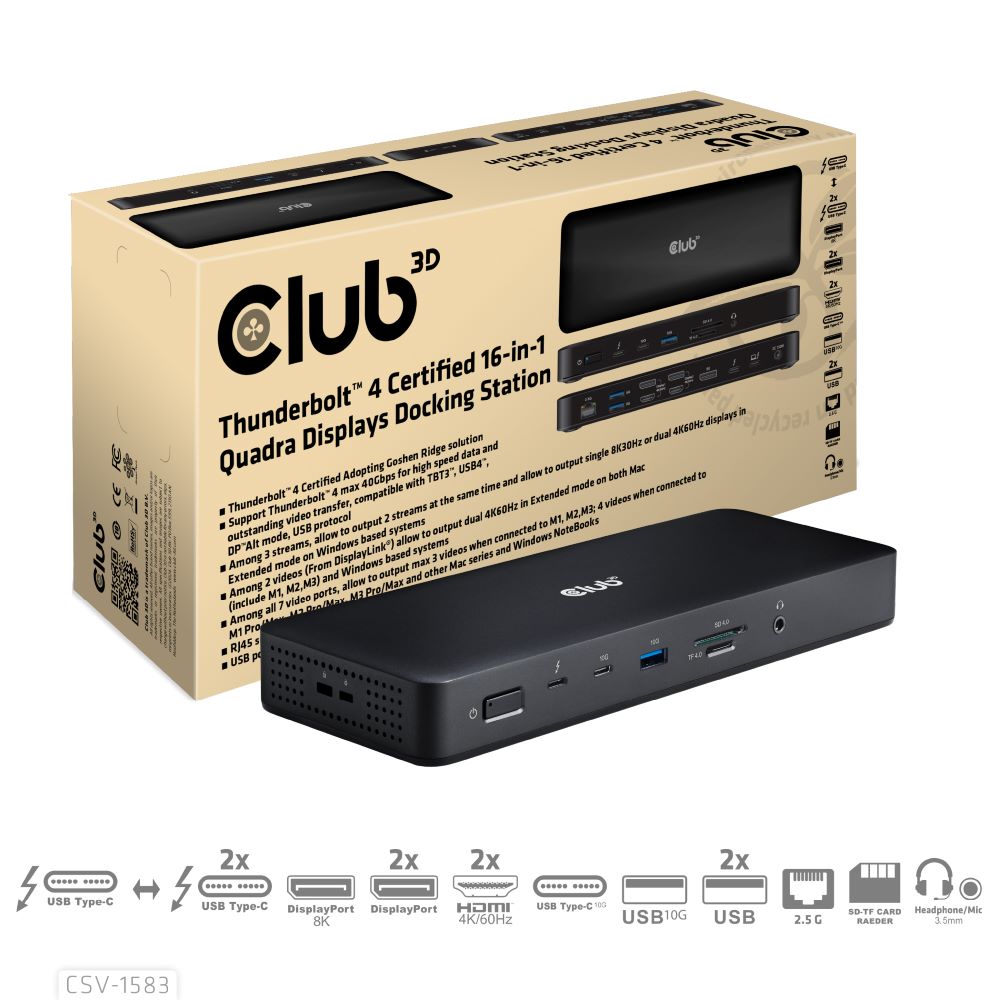 Club3D Thunderbolt4 16-in-1 Dockingstation 4 Displays  St/&shy;Bu ret