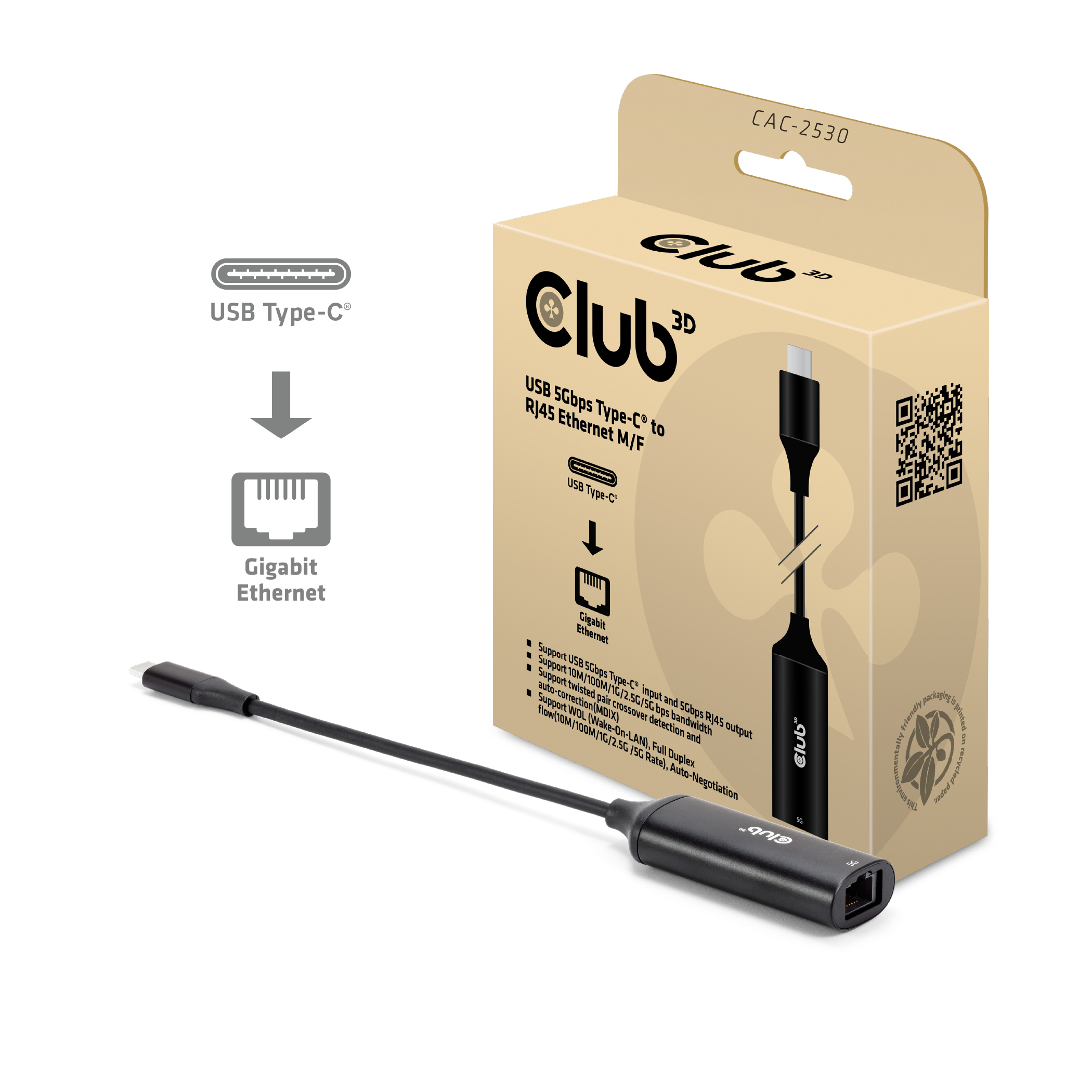 Club3D Adapter USB-C > RJ45  5Gbps                St/Bu retail