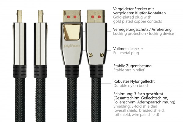 Python DisplayPort 1.4 an HDMI 2.0 Kabel Nylong. schwarz 3m