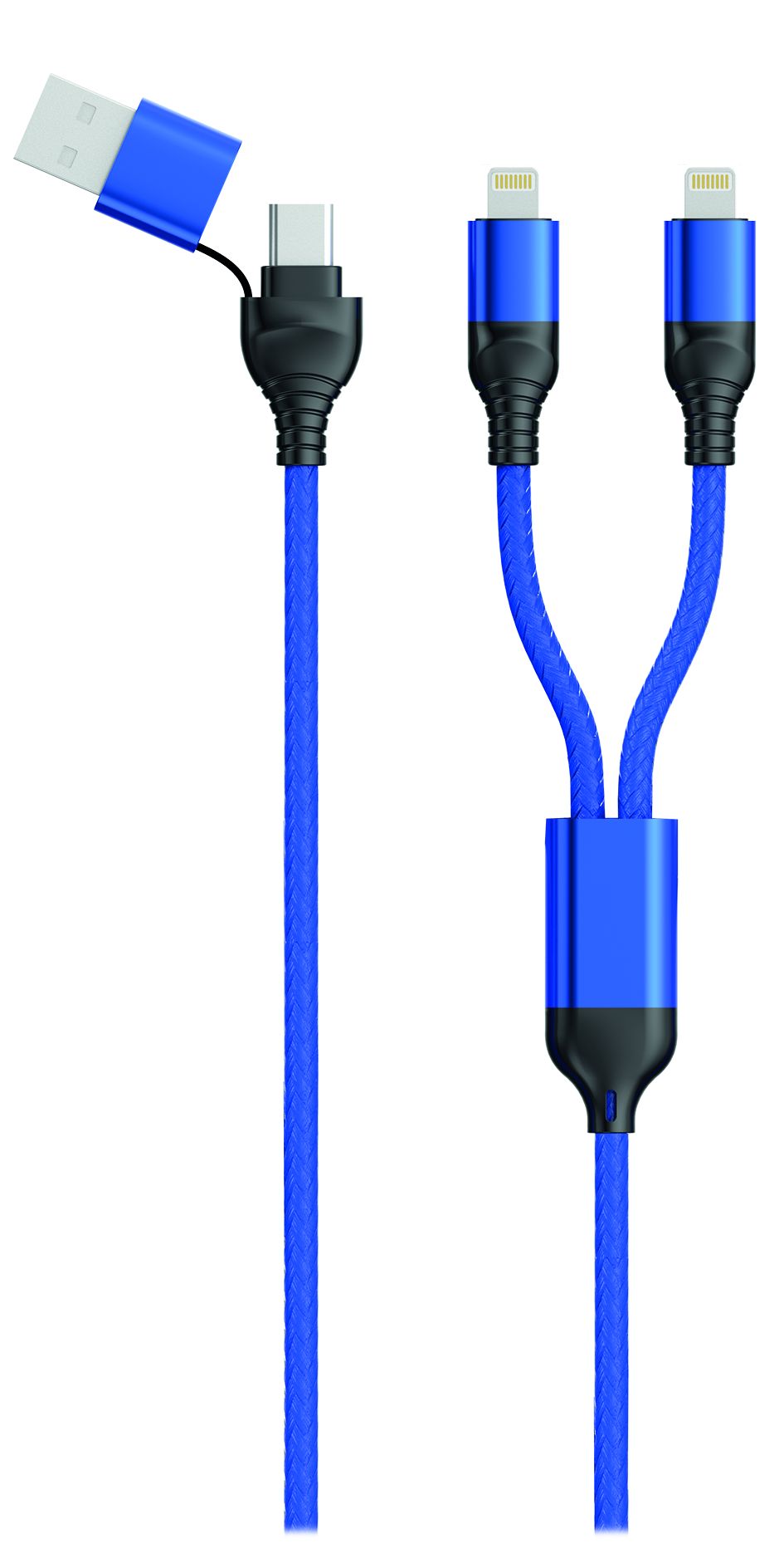 2GO USB / Type C Ladekabel DUO 2x Lightning Nylon 1,2m blau