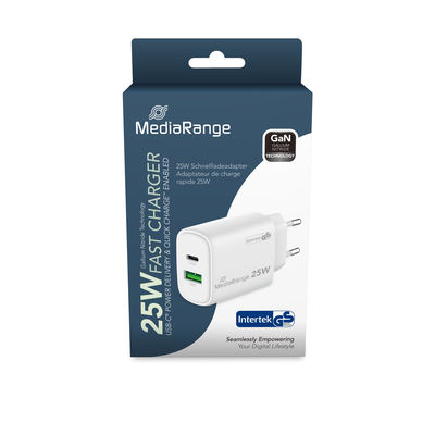 MediaRange Ladegerät 25W 2-Port 1x USB-A/1x USB-C GaN, weiß Ladegerät