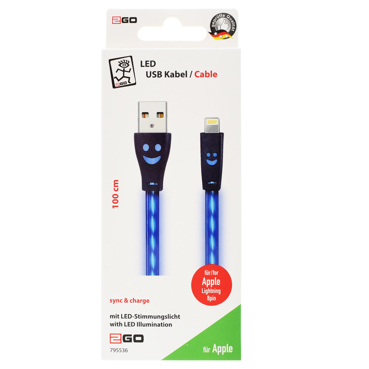 2GO USB Lade-/Datenkabel lightn. m.bl. LED-Beleuchtung  1m