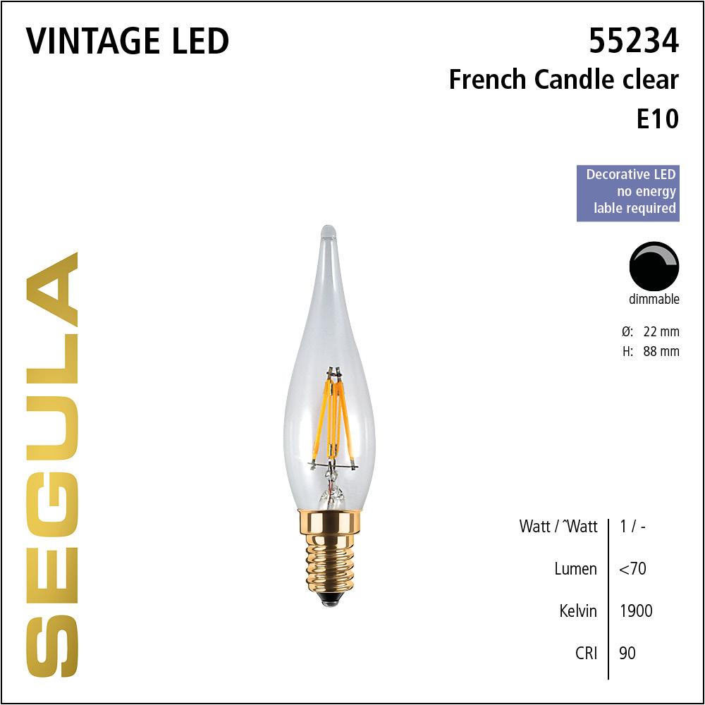 SEGULA LED French Kerze klar E10 1,5W 2200K dimmbar LED