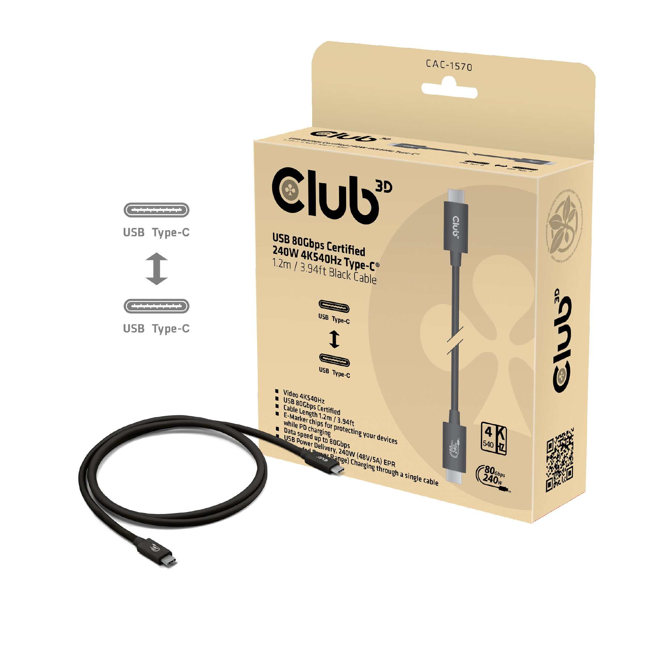 Club3D Kabel USB-C 80Gbps zertifi. PD240W/8K240Hz 1,2m St/St retail