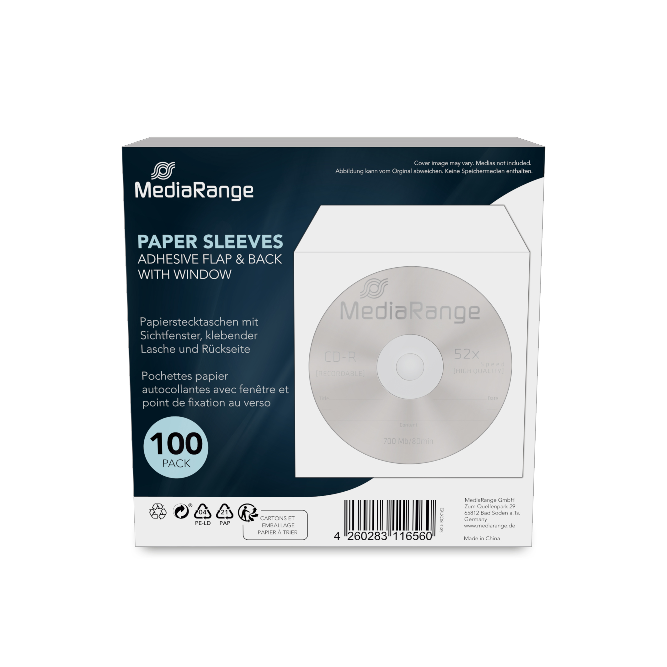 MediaRange Papierstecktaschen m. Sichtfenster, 100er-Pack