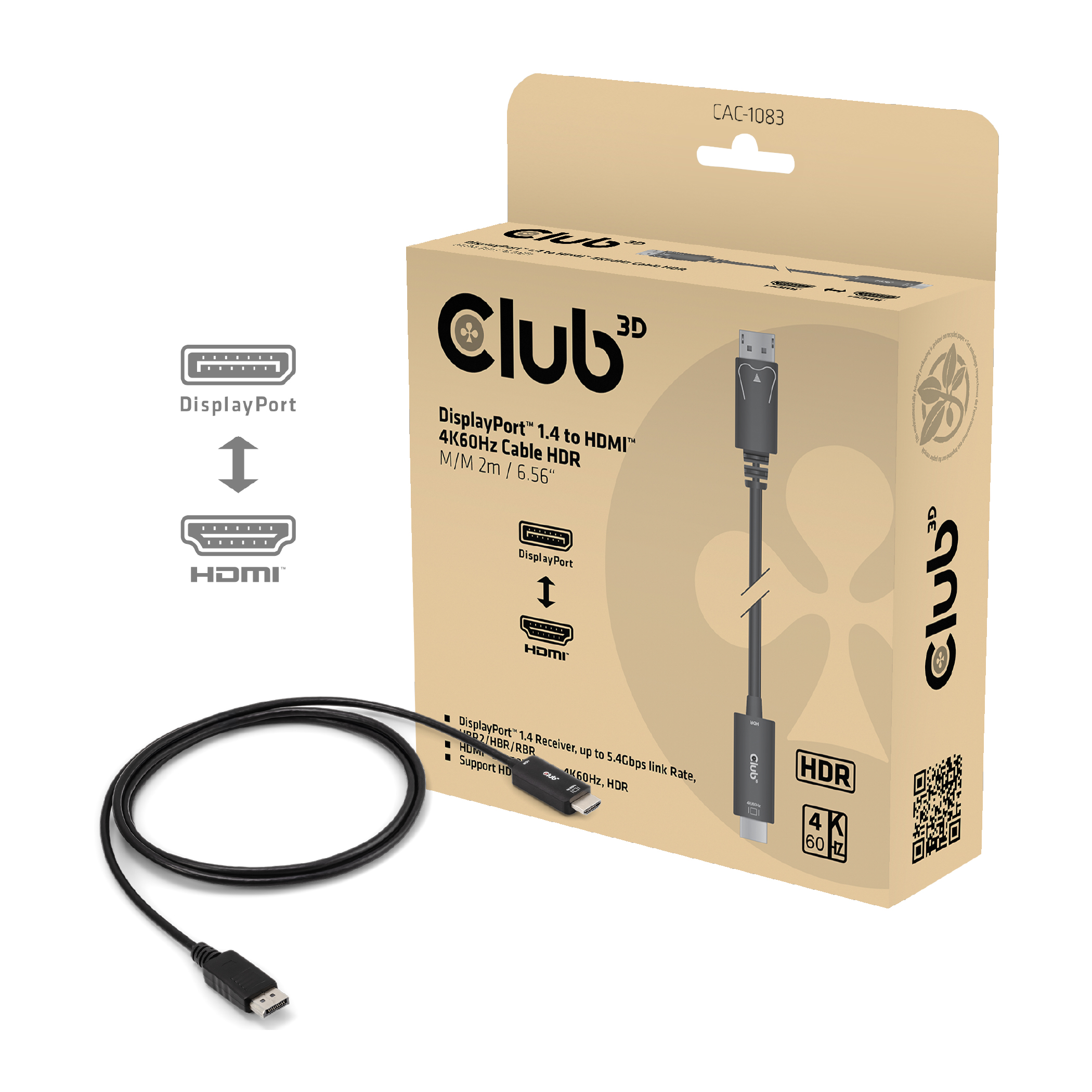 Club3D Kabel   DisplayPort 1.4 > HDMI  HDR 4K60Hz aktiv 2m retail