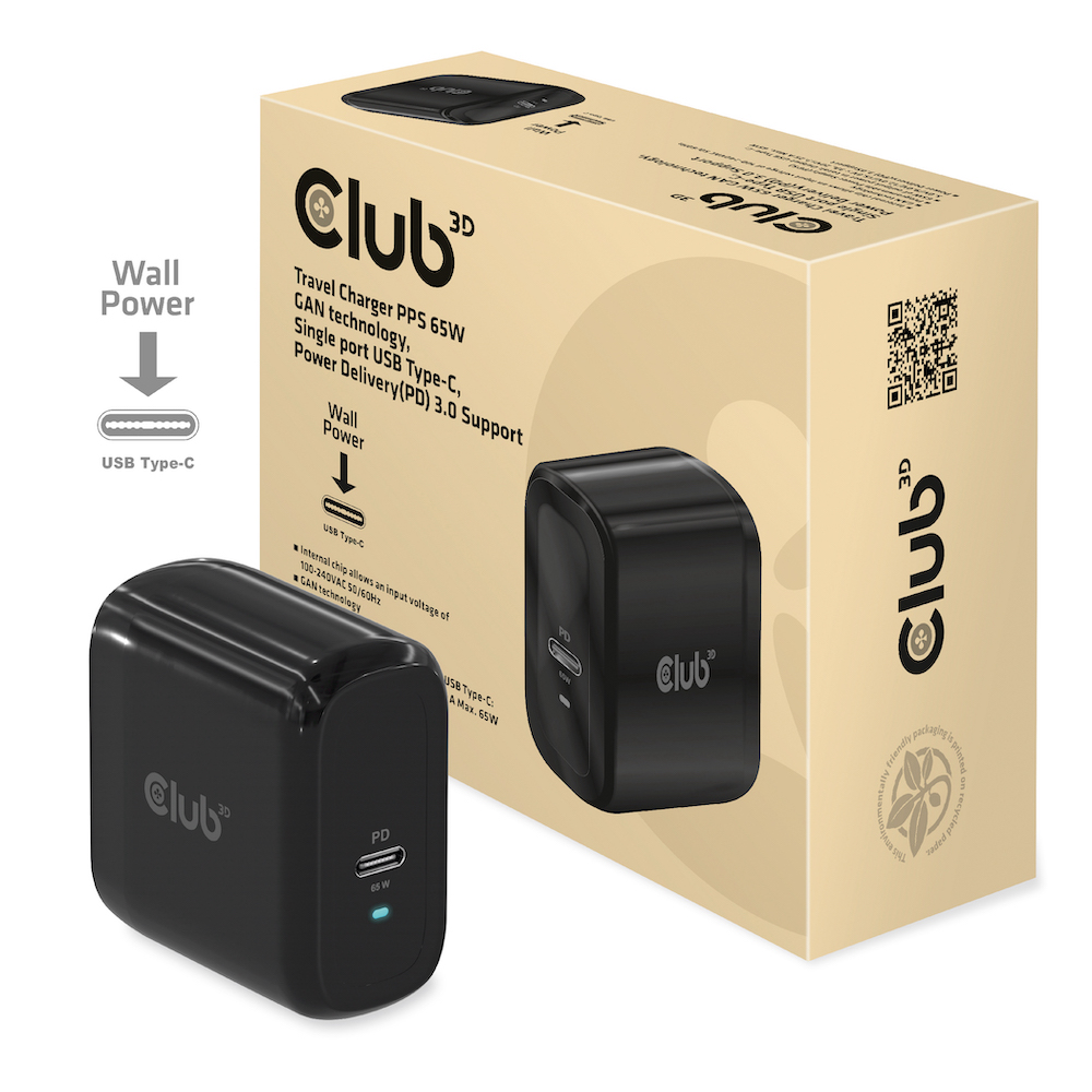 CLUB3D Travel Charger 65W GAN technology, Single port USB Type-C, Power Delivery(PD) 3.0 Support