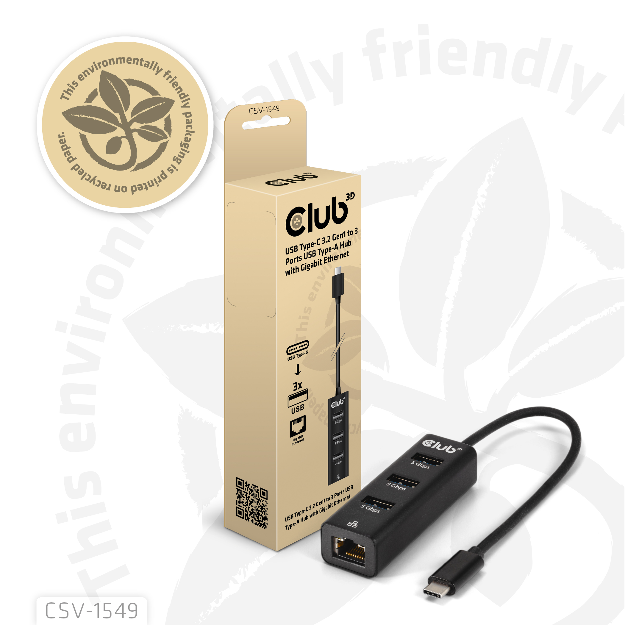 Club3D USB-Hub USB Typ-C 3.2 > 3x USB Typ A       1Gbps retail