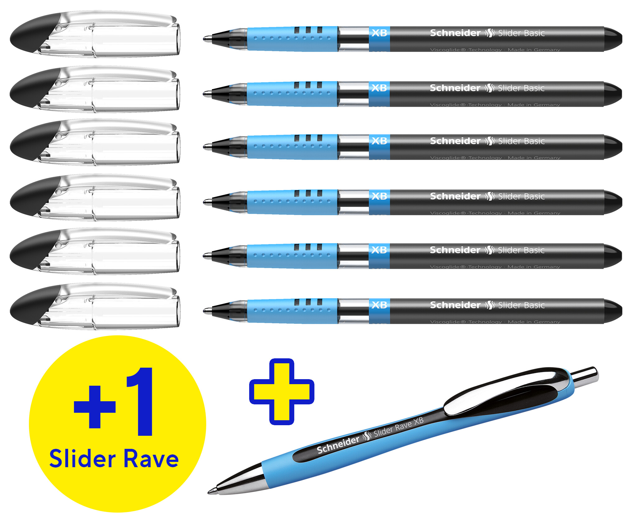 Schneider Schreibgeräte Kugelschreiber Slider Basic XB Rave 6er Etui + Slider Rave XB schwarz 15127