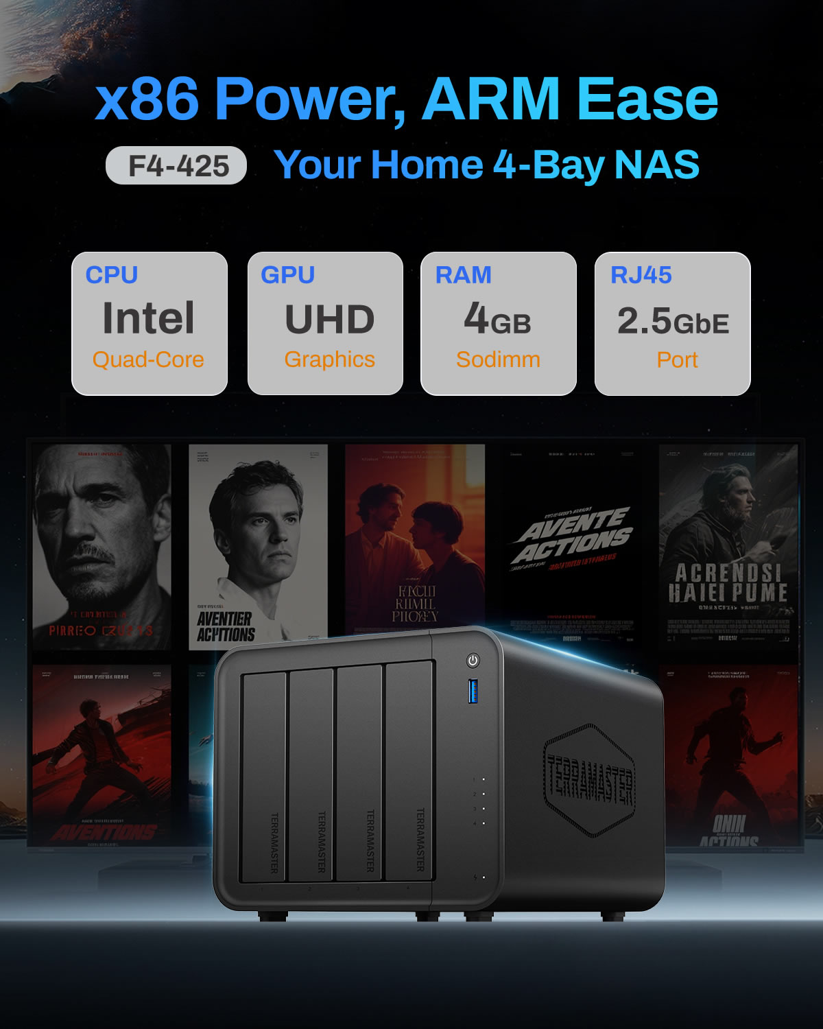 TERRAMASTER F4-425, 4bay NAS, 4GB DDR4 (No Hard Drive)