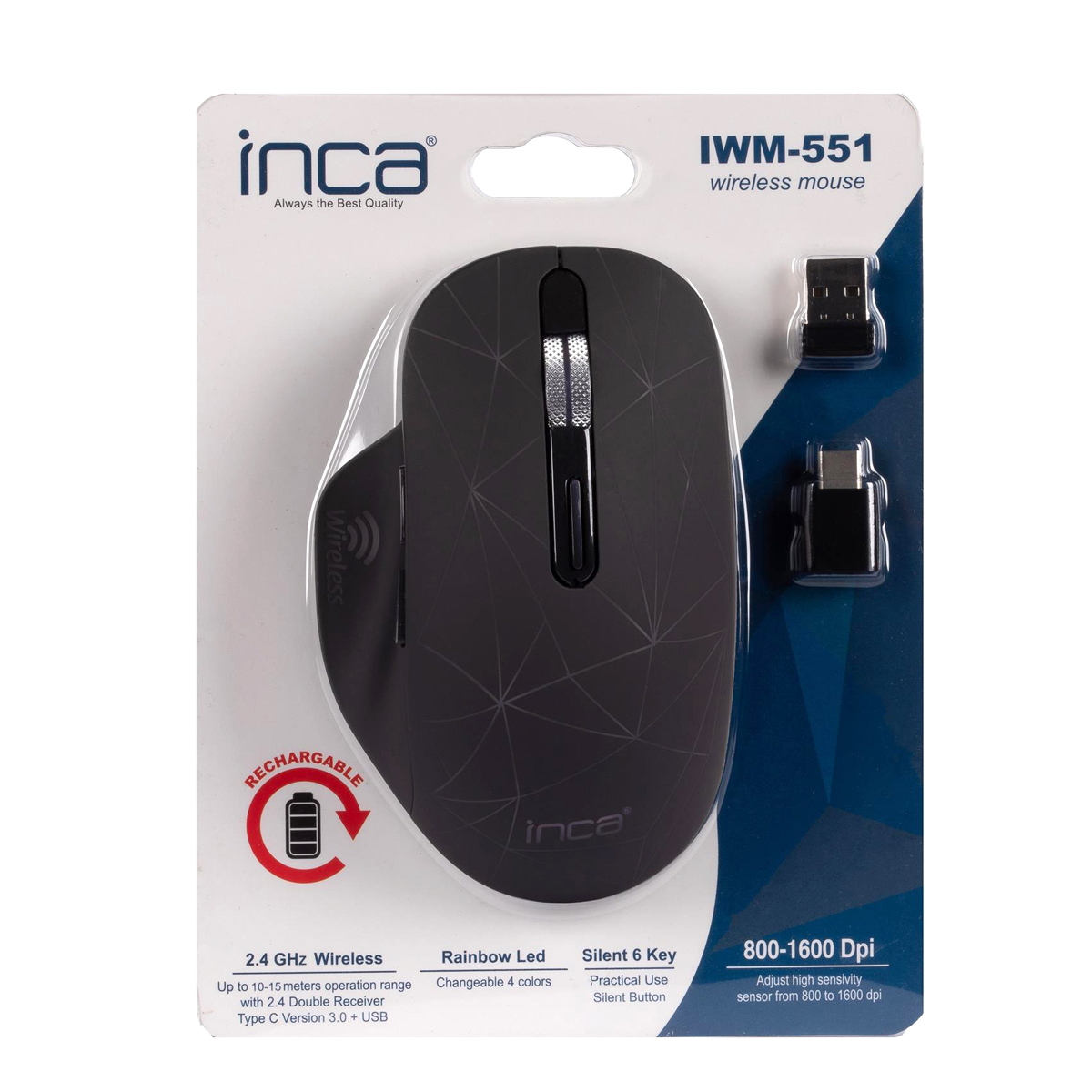 INCA Wrls Maus 1600DPI/7Tasten/LED/USB-A/-C/Micro-B       sw retail Mäuse & Tastaturen