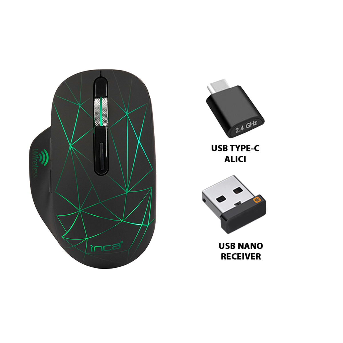 INCA Wrls Maus 1600DPI/7Tasten/LED/USB-A/-C/Micro-B       sw retail