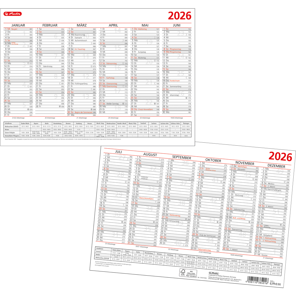 Herlitz Tafelkalender A4, 2026 Kalender