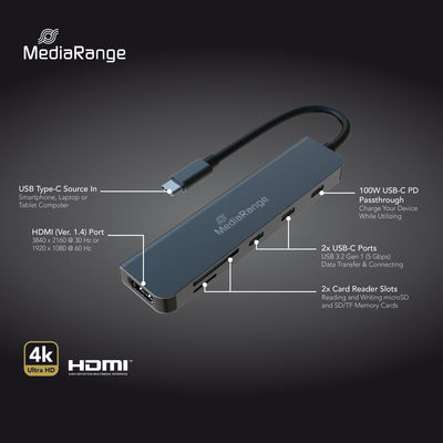 MediaRange HUB USB-C 6 in 1 Multiport Adapter, silber