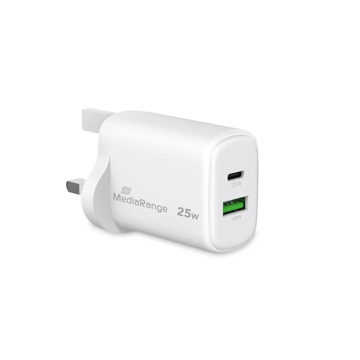 MediaRange Ladegerät 25W 2-Port 1x USB-A/1x USB-C UK GaN, ws