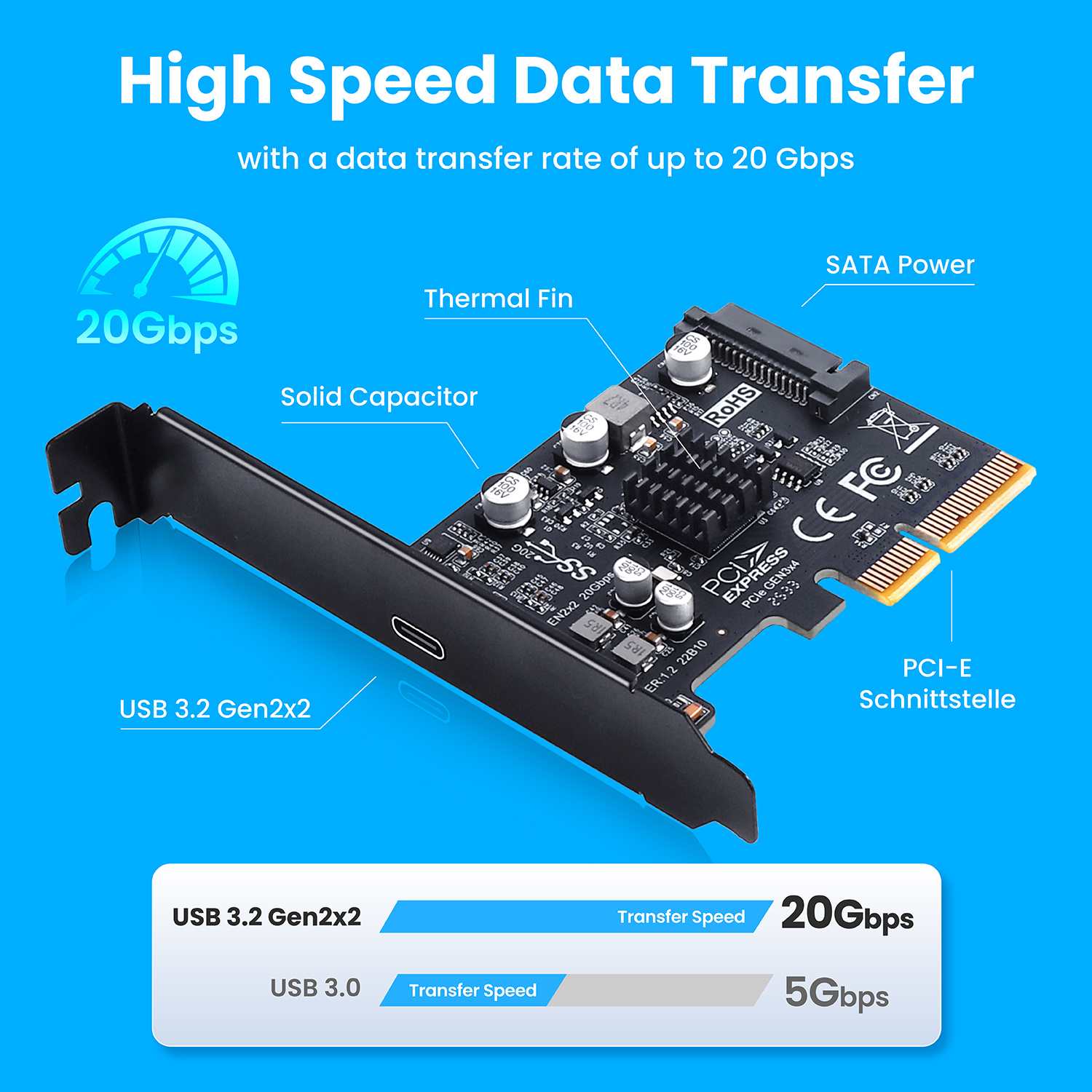 GRAUGEAR Erweiterungskarte USB-C 3.2 Gen2x2  PCIe-x4-Karte PCI Karten