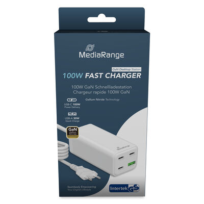 MediaRange Ladestation 100W 4-Port 1xUSB-A/3xUSB-C GaN, weiß