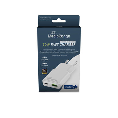 MediaRange Ladegerät 30W 2-Port 1x USB-A/1x USB-C GaN, weiß