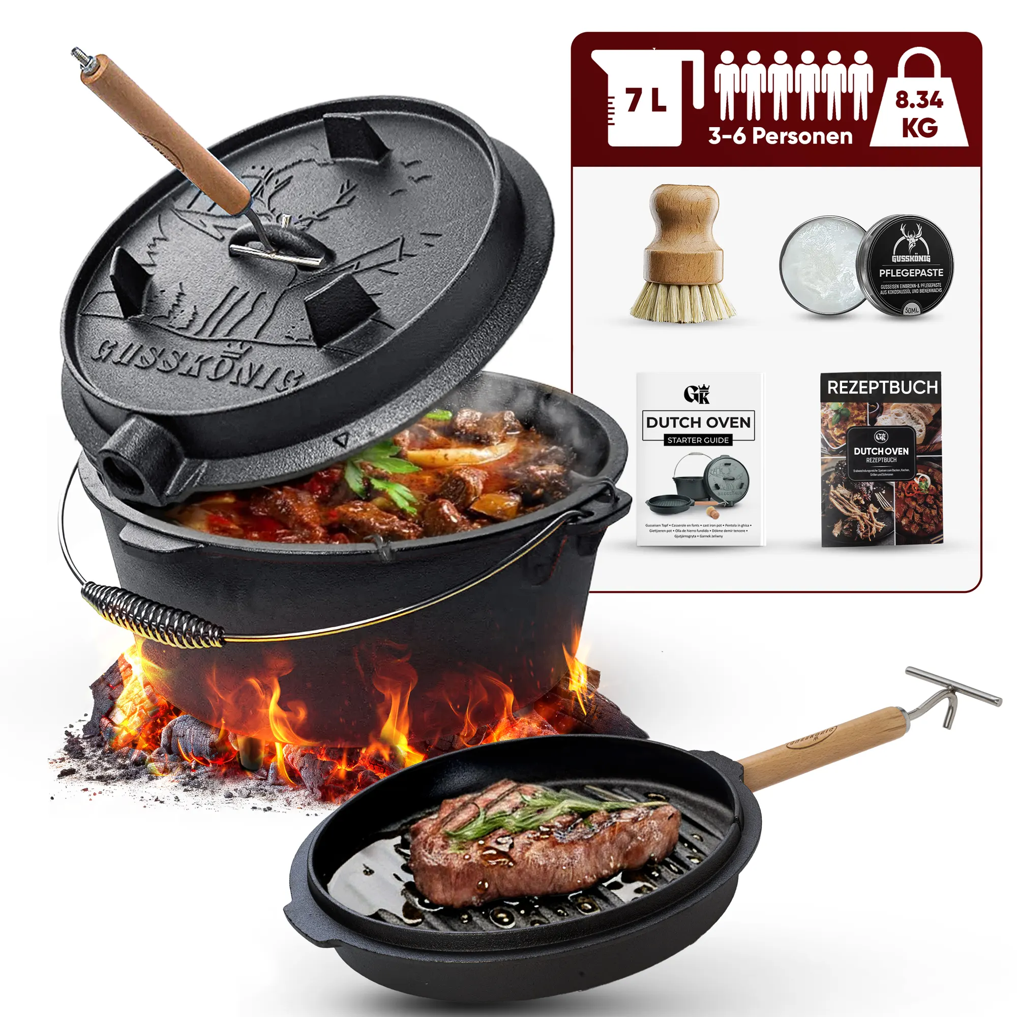 Gusskönig Eingebrannter Dutch Oven Set 7L mit Füße