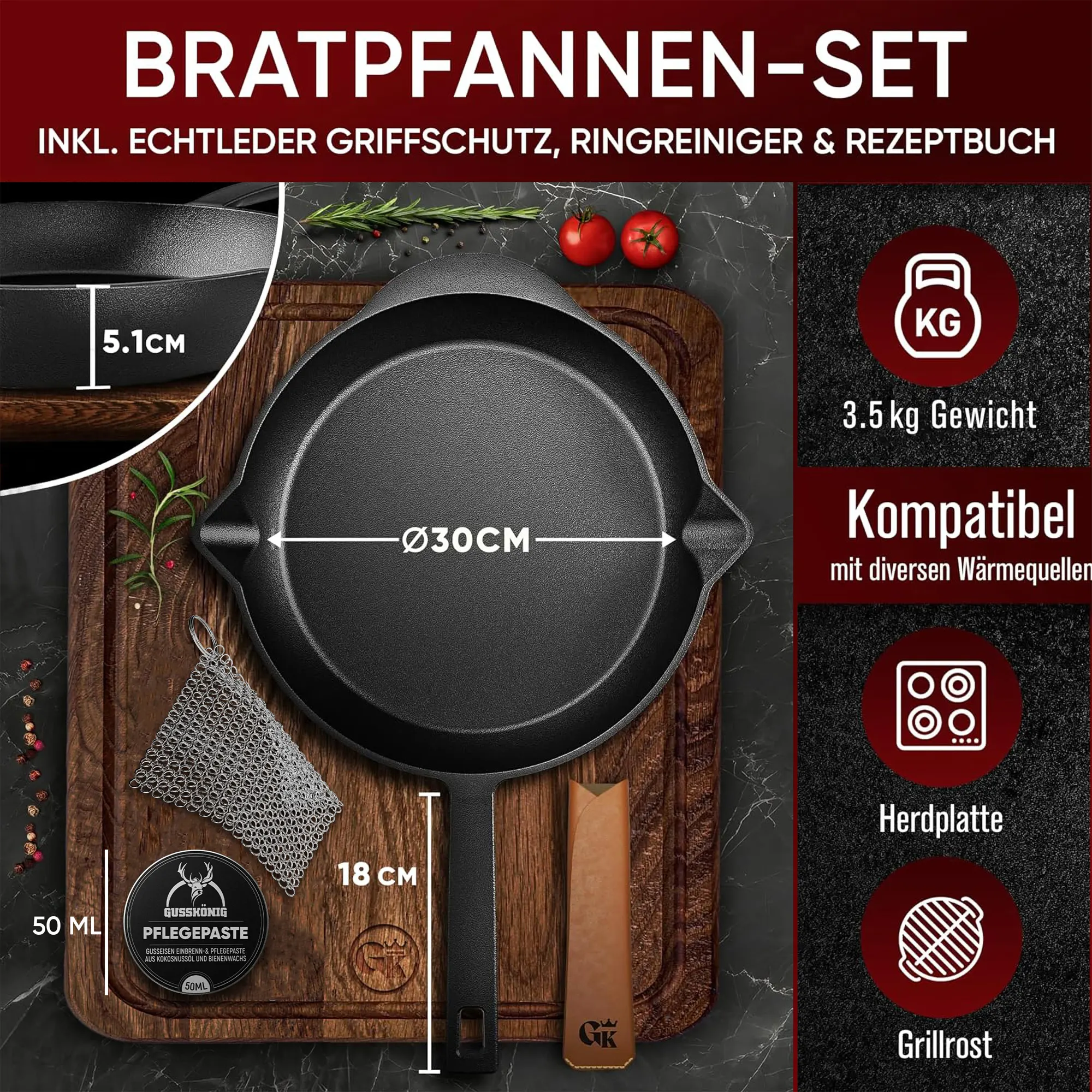 Gusskönig Eingebrannte Gusseisenpfanne 30cm Grillpfanne