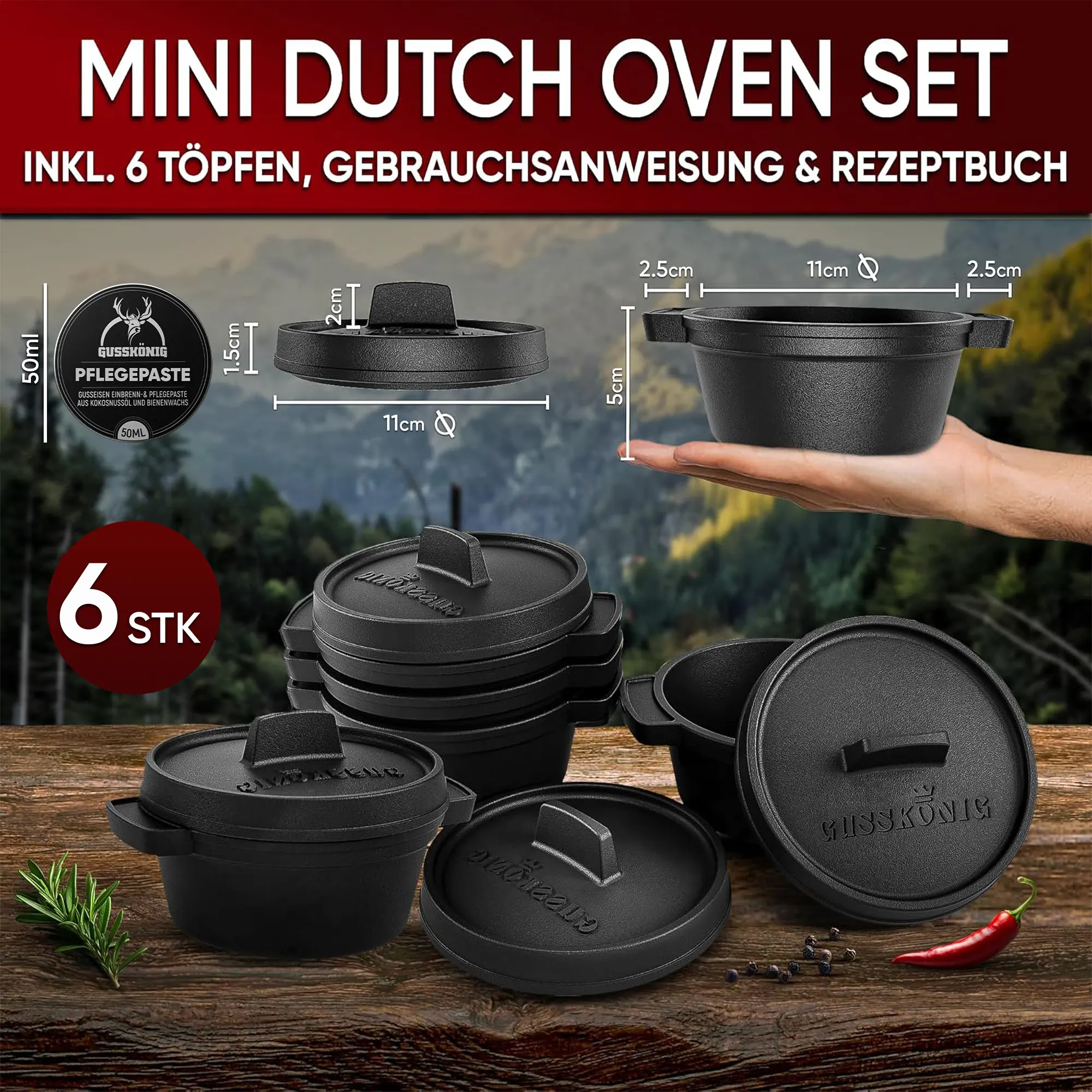 Gusskönig Eingebrannter 6× 300ml Mini Dutch Oven Set