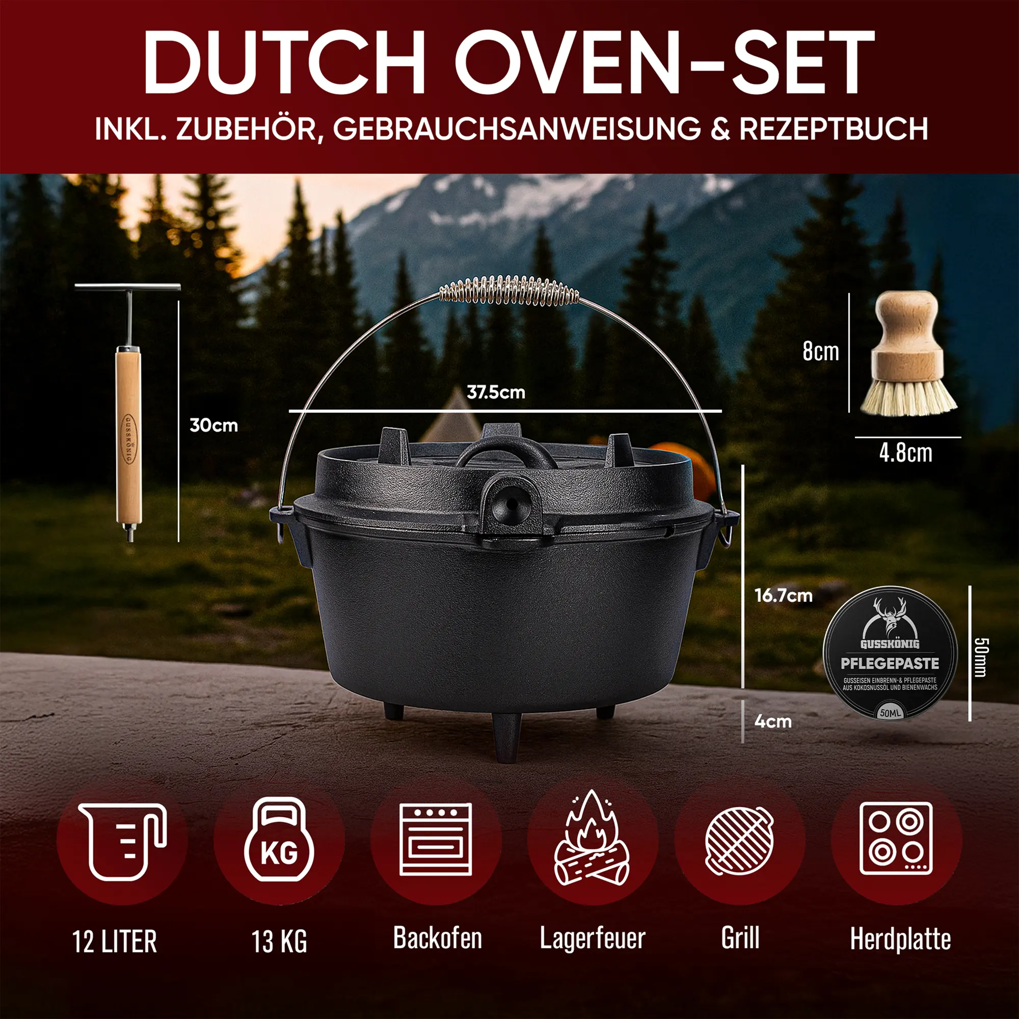 Gusskönig Eingebrannter Dutch Oven Set 12L mit Füße