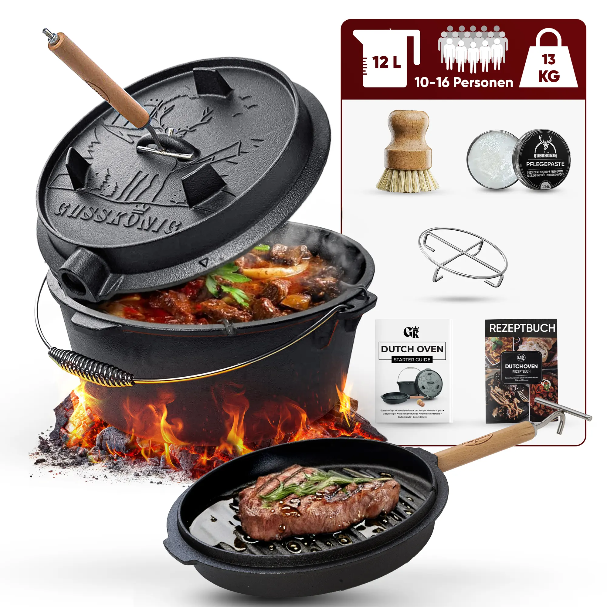 Gusskönig Eingebrannter Dutch Oven Set 12L ohne Füße