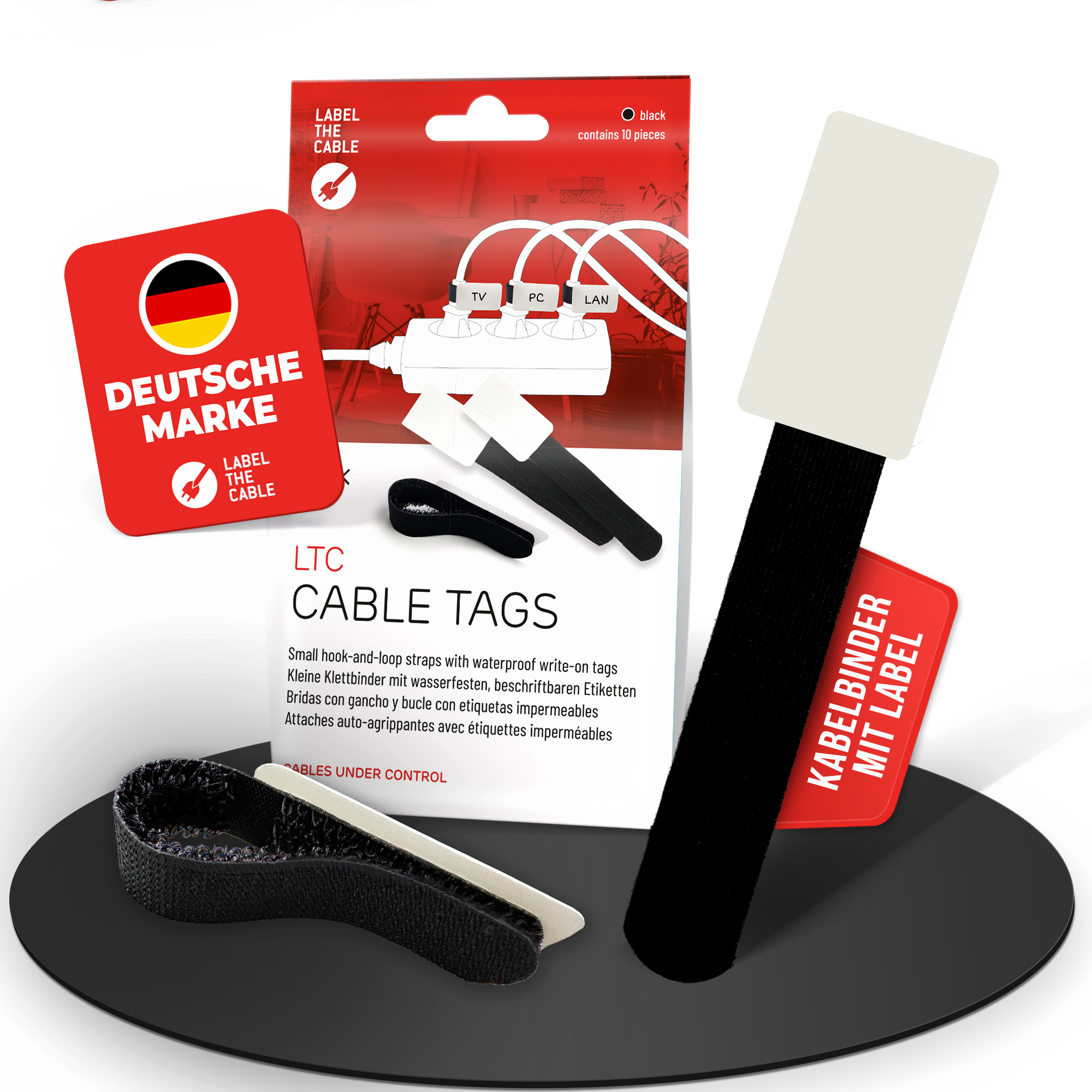 LTC Klettkabelbinderlabel Set wiederverwendbar, schwarz,10er