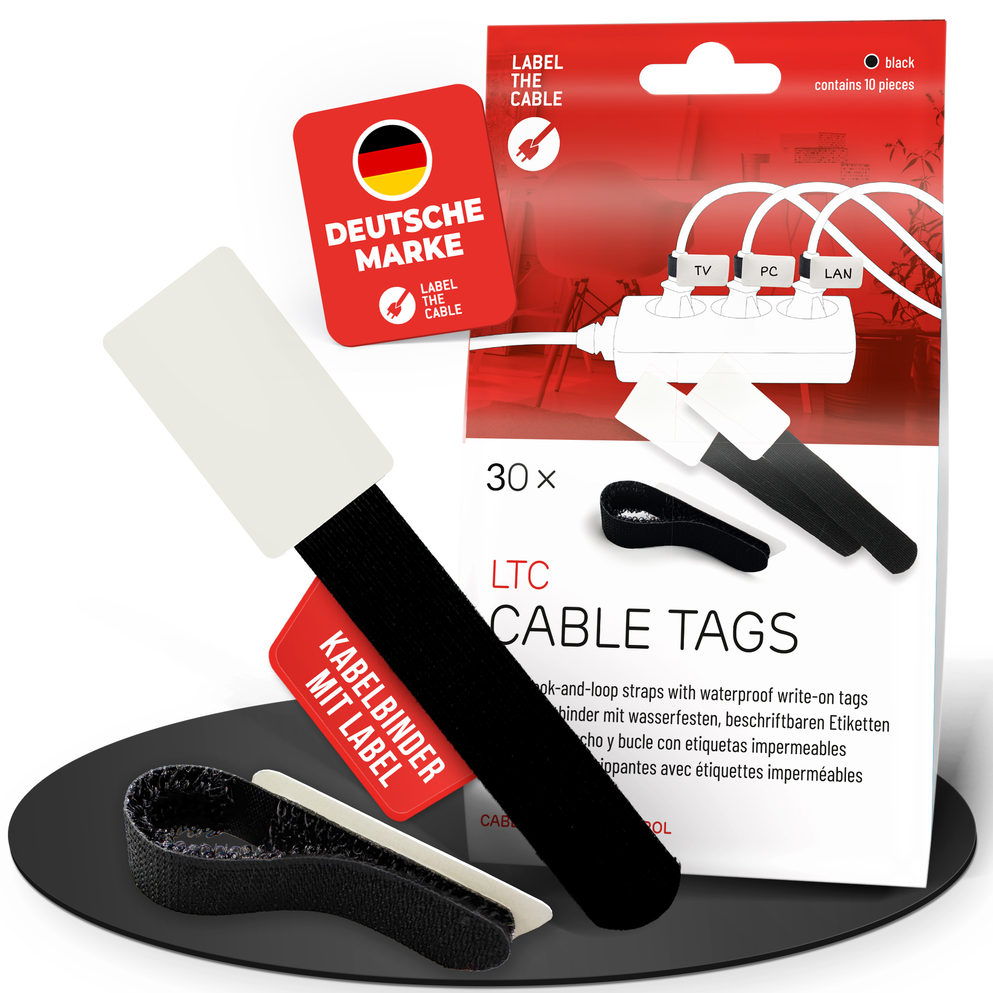 LTC Klettkabelbinderlabel Set wiederverwendbar, schwarz,30er