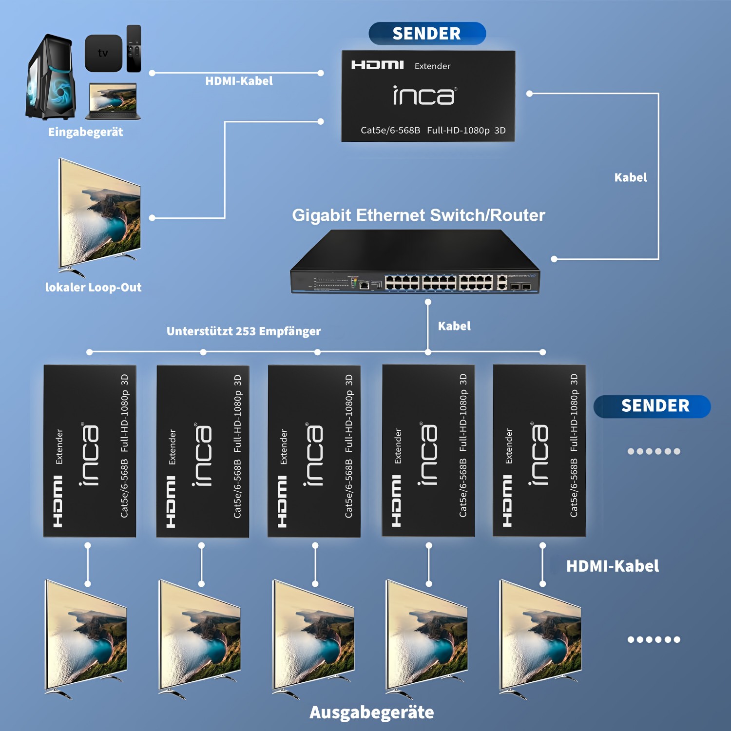 INCA HDMI-Extender HDMI1.4-In/Out/Cat5e/6 Full-HD 60Hz    sw
