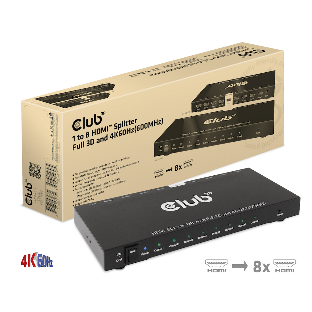 Club3D HDMI Splitter  1 Eingang  -> 8 Ausgänge 4K60Hz UHD retail