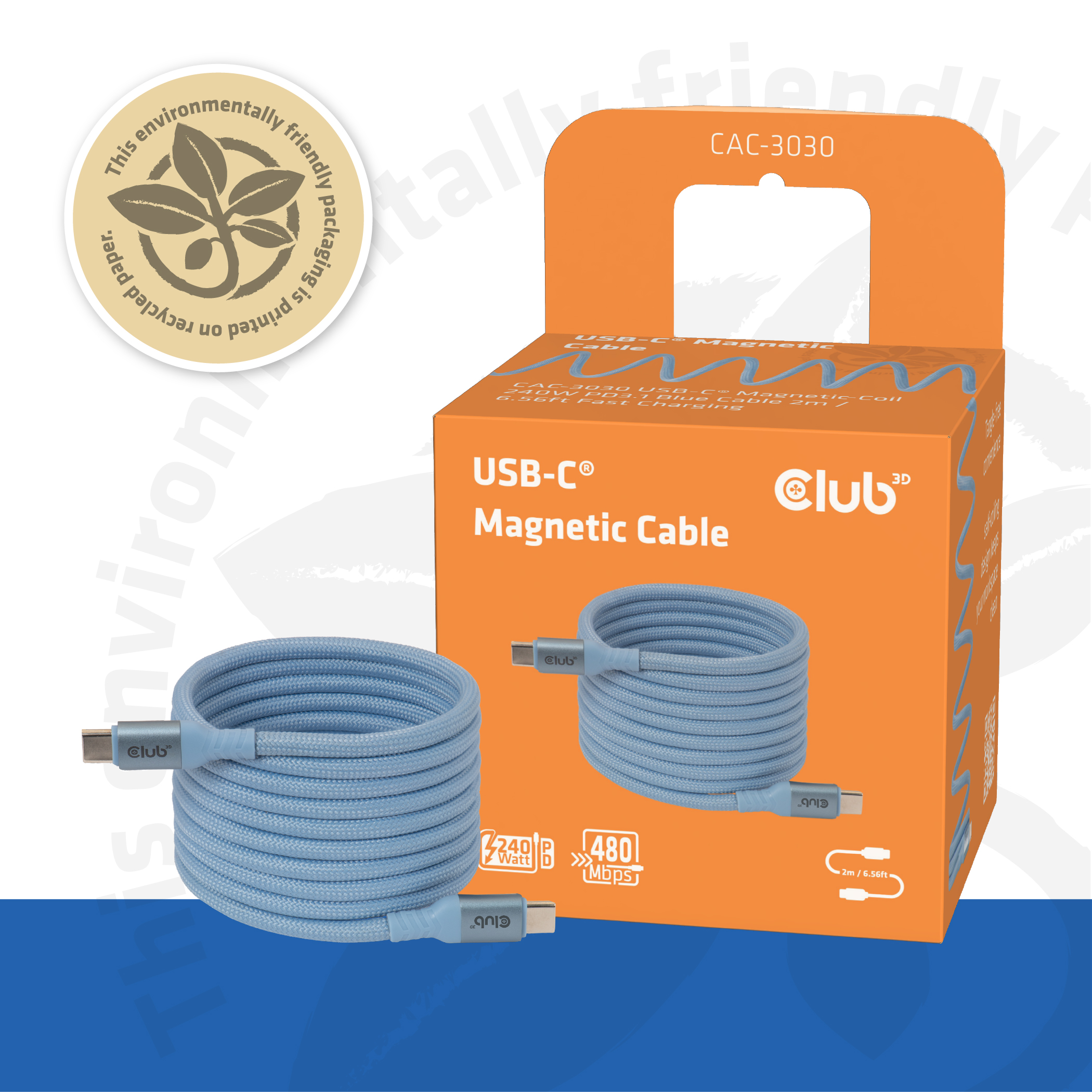 Club3D Lifestyle USB-C Magnetisches Kabel 240W 2m blau St/&shy;St