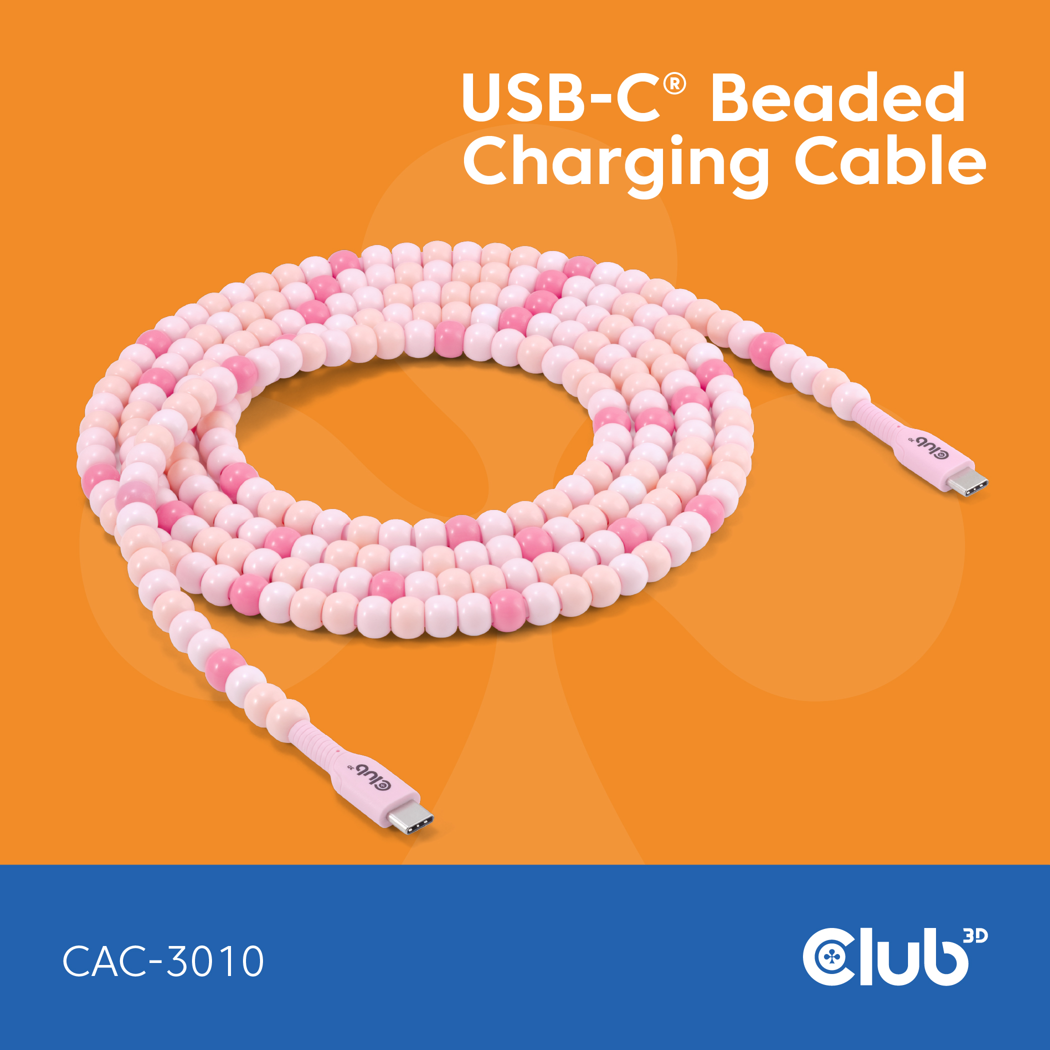 Club3D Lifestyle USB-C Perlen-Kabel  PD60W,480Mbps 2m rosa retail