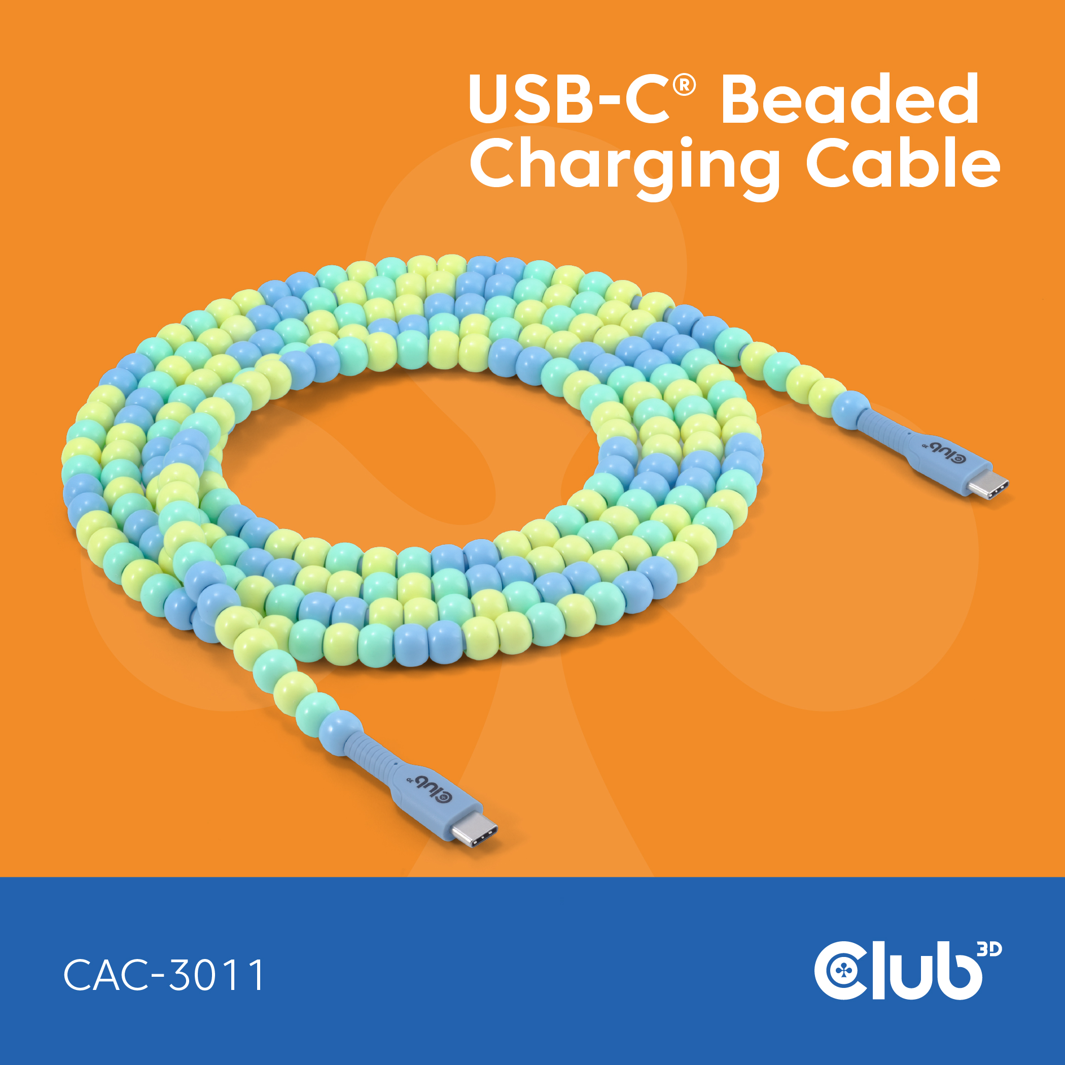 Club3D Lifestyle USB-C Perlen-Kabel  PD60W,480Mbps 2m blau retail