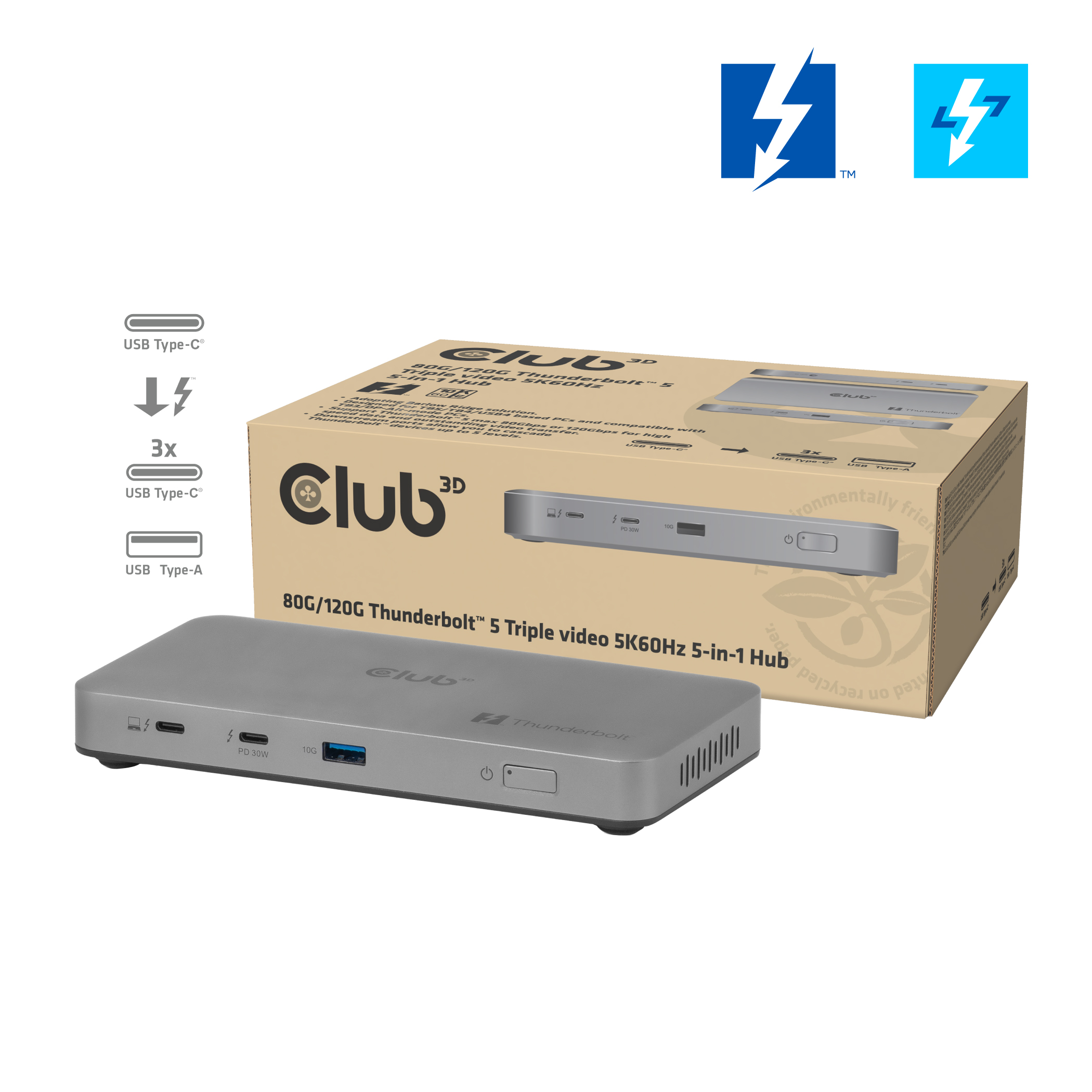 Club3D Thunderbolt5  5-in-1 HUB > 3xThunderbolt/1xUSB  Bu/BU HUBs