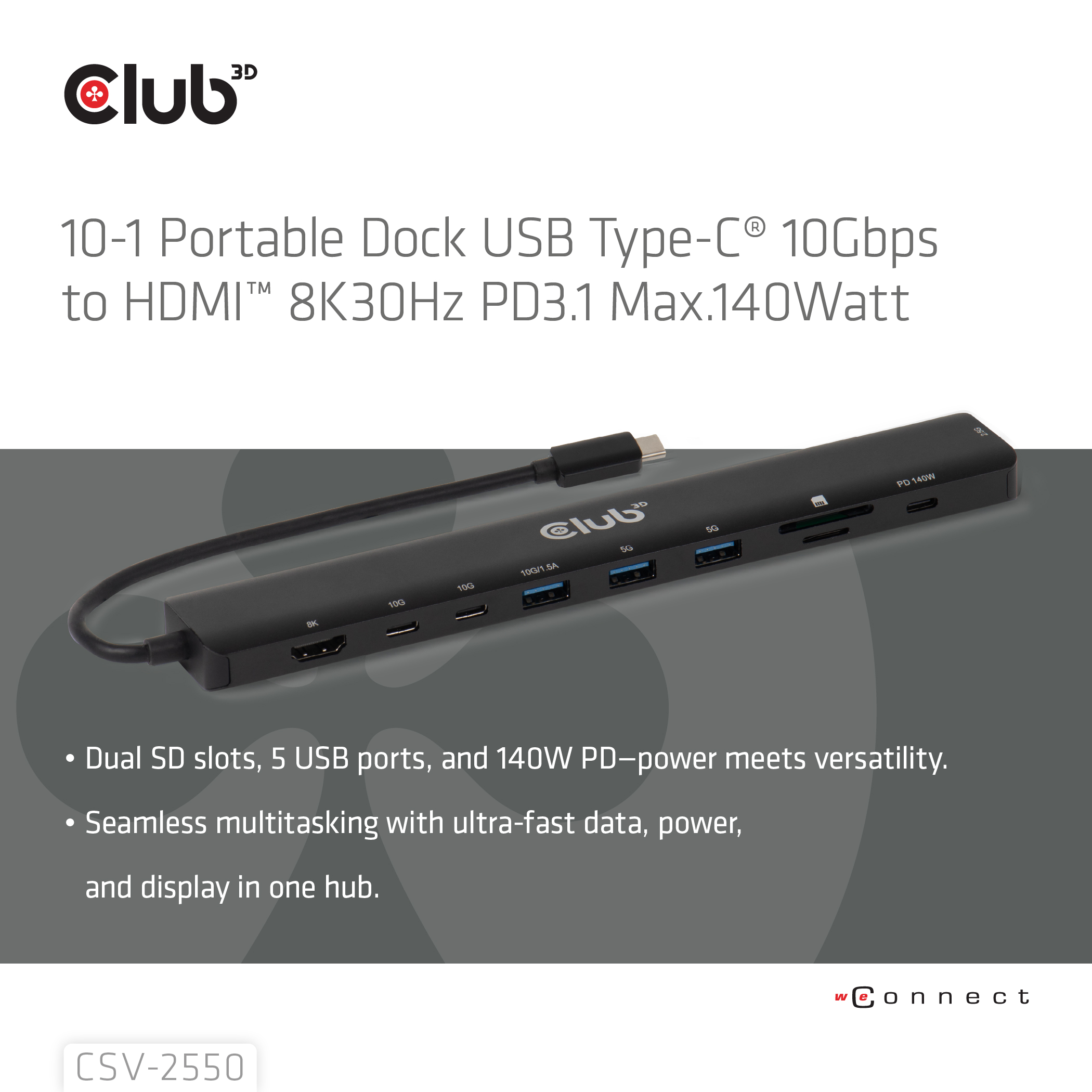 Club3D USB-C 10in1-HUB >HDMI/3xUSB-C/3xUSB/LAN 8K30Hz PD140W retail HUBs