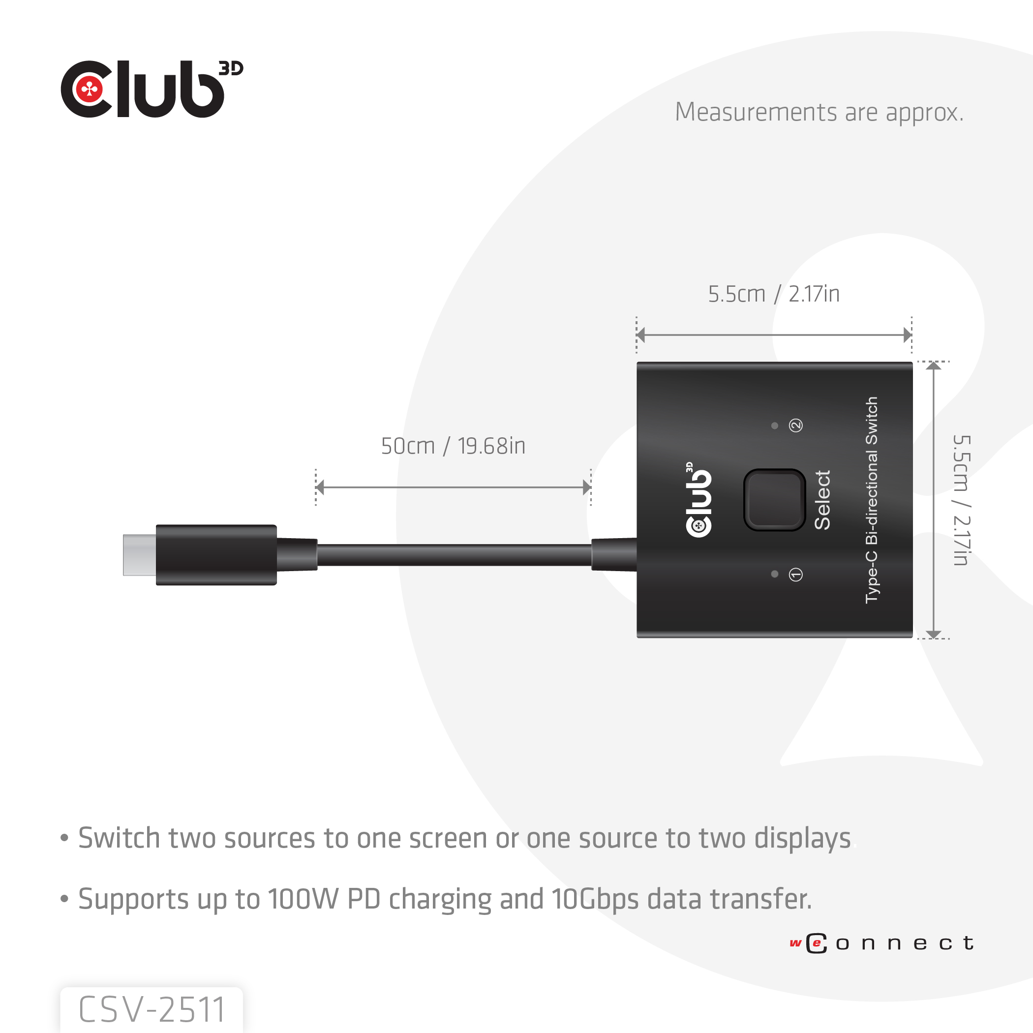 Club3D USB-C Switch 2<->1            10Gbps + 100W PD  St/Bu retail HUBs