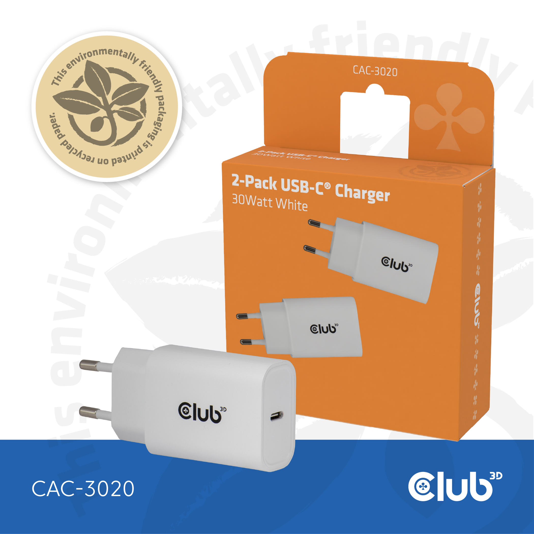 Club3D Lifestyle Ladegerät USB-C 30Watt, 2Stk  weiß retail