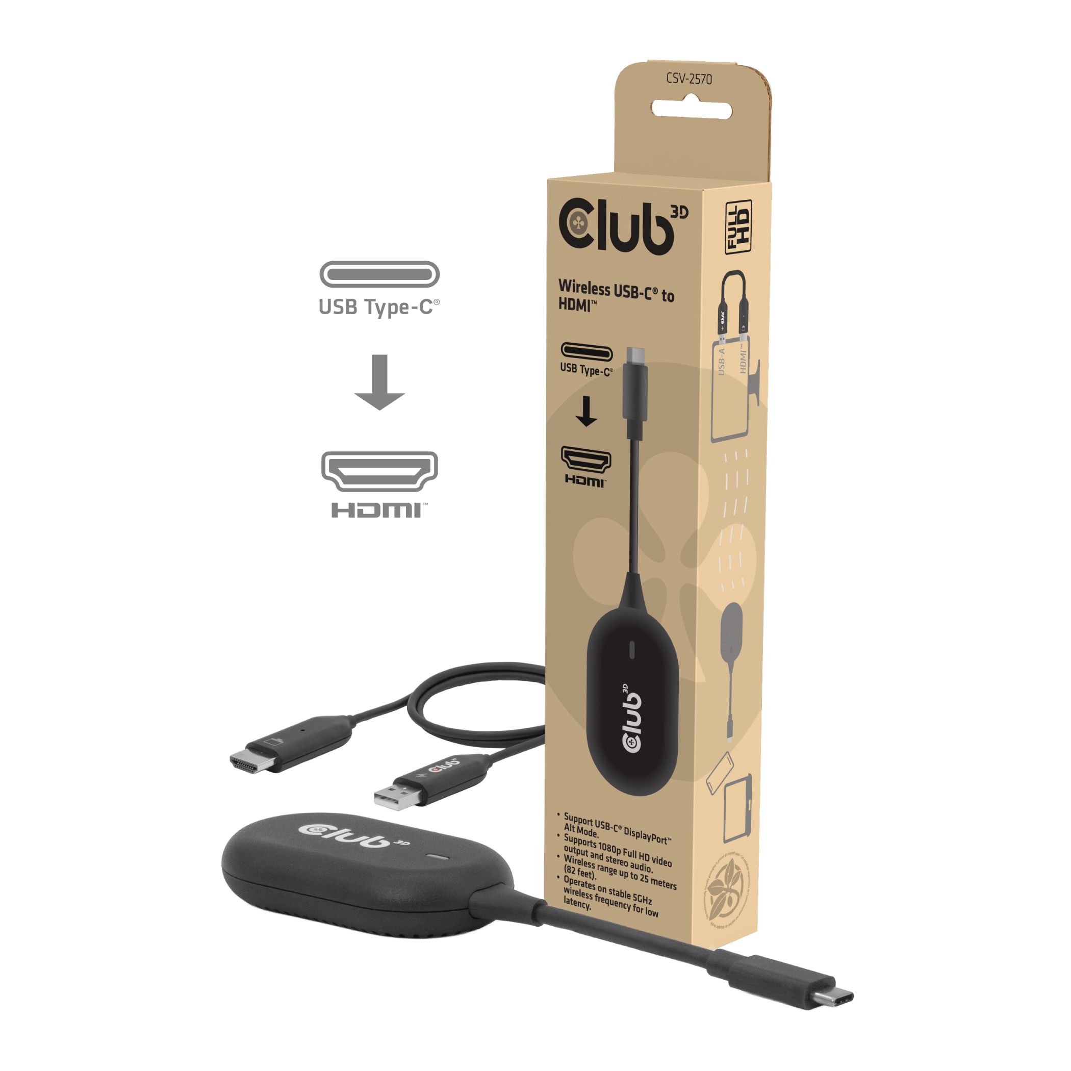 Club3D Wireless USB-C > HDMI  Streaming Kit  Full-HD  25m