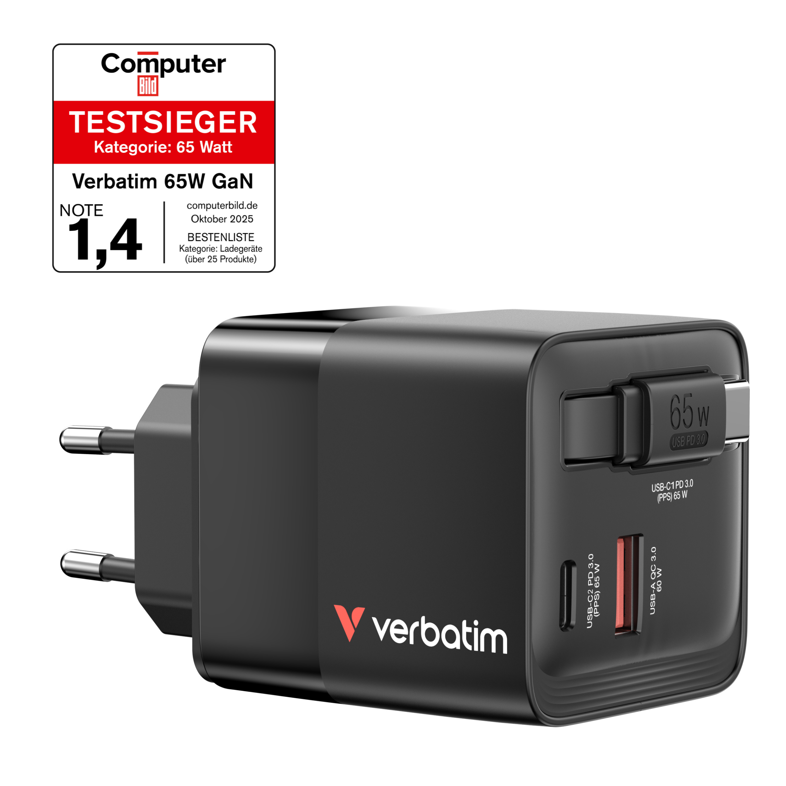 Verbatim GaN Charger 2 Port 65W retractable cable (EU/UK/US)