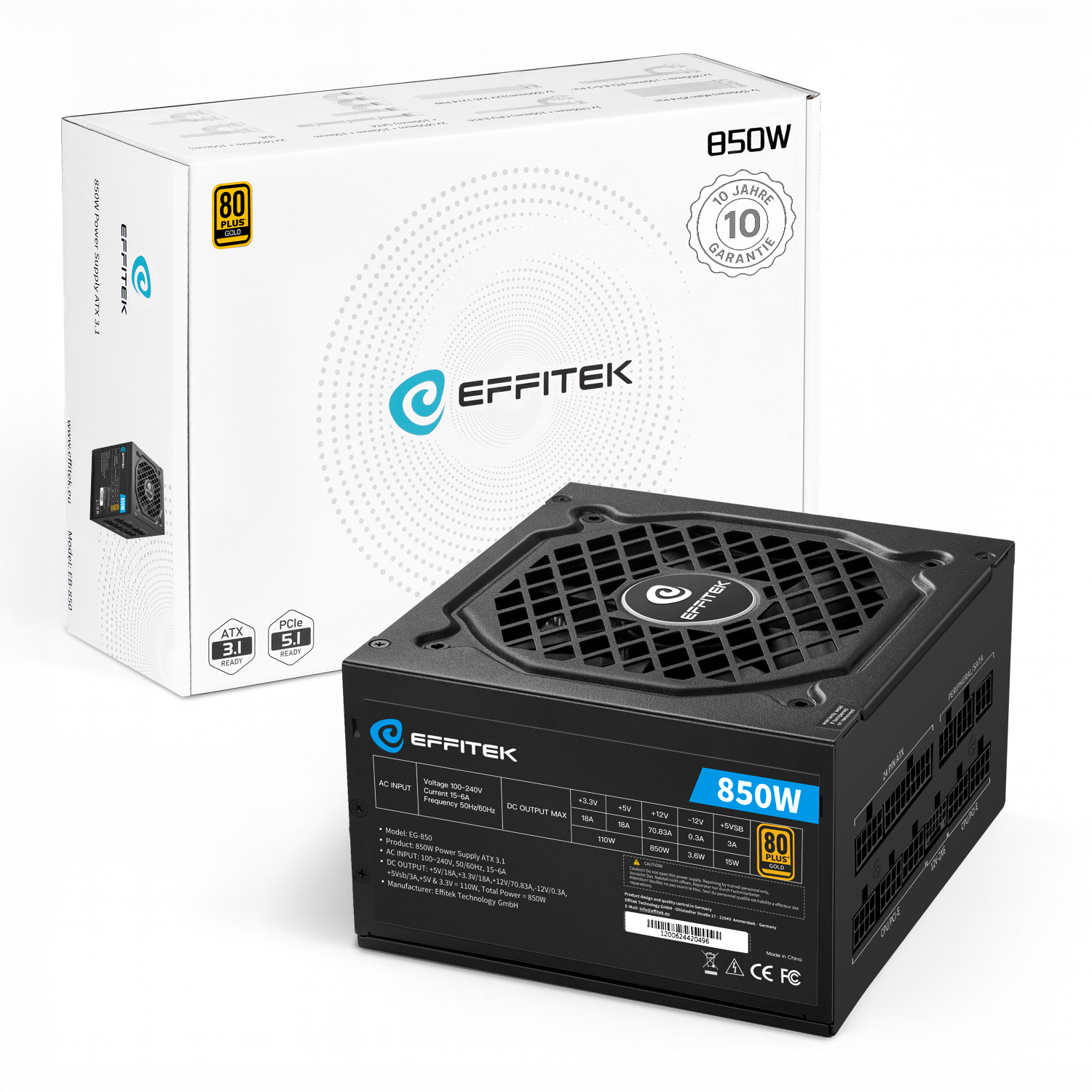 EFFITEK Netzteil 850W  Gold ATX 3.1, PCI 5.1 Modularer Kabel Netzteile PC