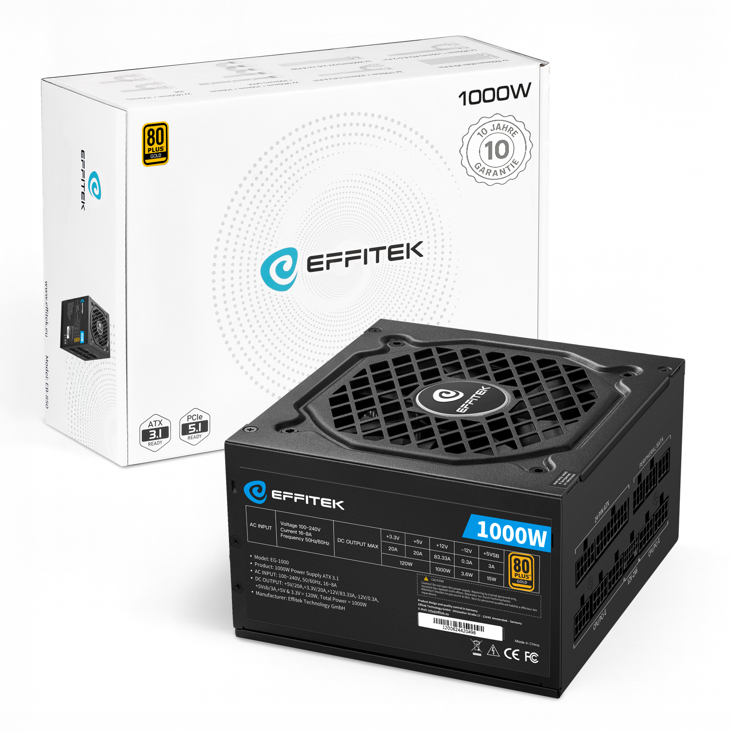 EFFITEK Netzteil 1000W Gold ATX 3.1, PCI 5.1 Modularer Kabel Netzteile PC
