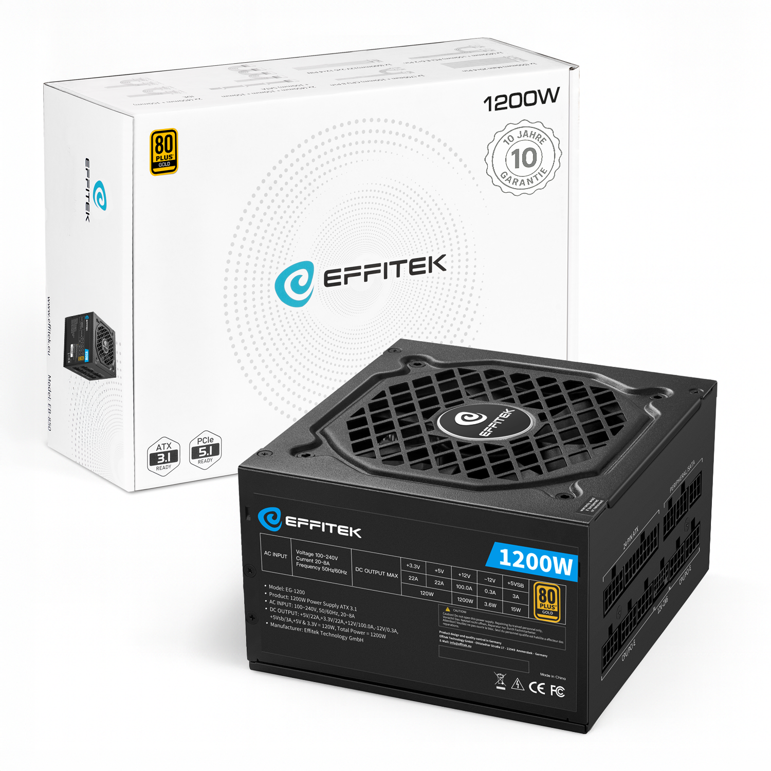 EFFITEK Netzteil 1200W Gold ATX 3.1, PCI 5.1 Modularer Kabel Netzteile PC