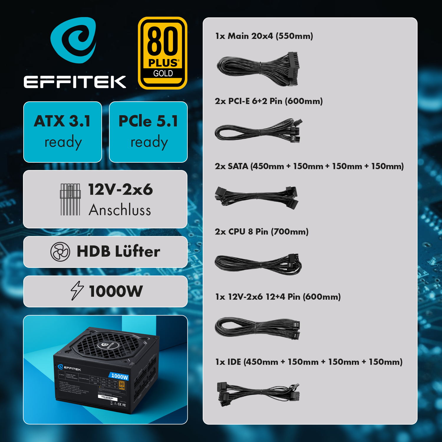 EFFITEK Netzteil 1000W Gold ATX 3.1, PCI 5.1 Modularer Kabel