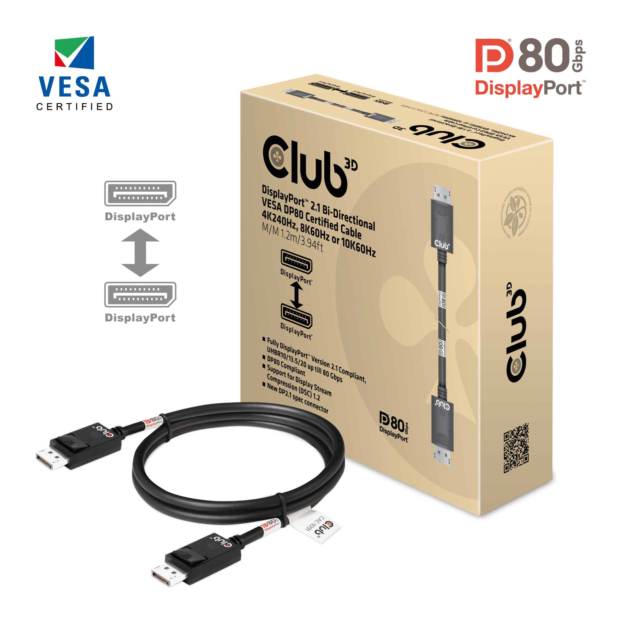Club3D DP-Kabel 2.1 DP80 zertifiziert   1,2m 10K/&shy;8K/&shy;4K St/&shy;St ret