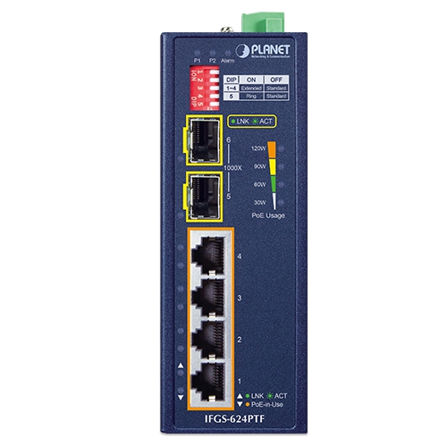 PLANET Industrial 4-Port 100TX+2-Port 100TX SFP  IFGS-624PTF