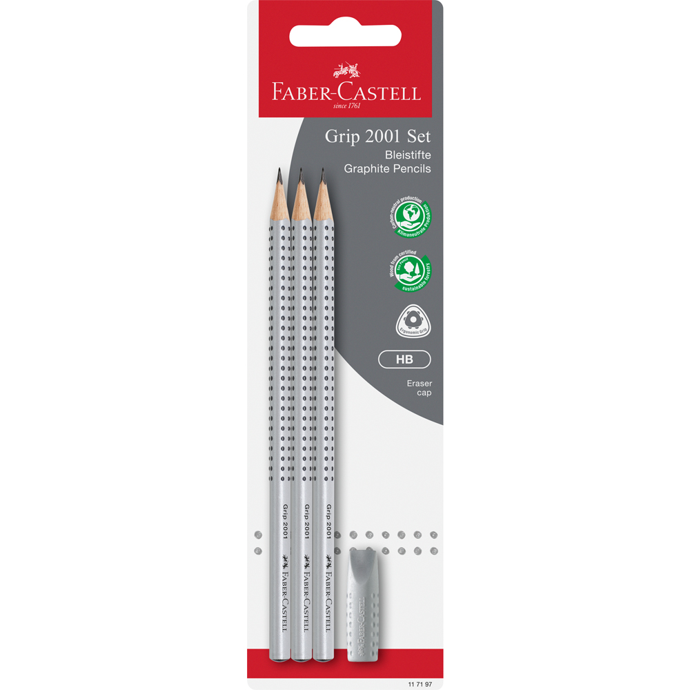 FABER-CASTELL Bleistift Grip 2001 HB 3x +Radierer BK