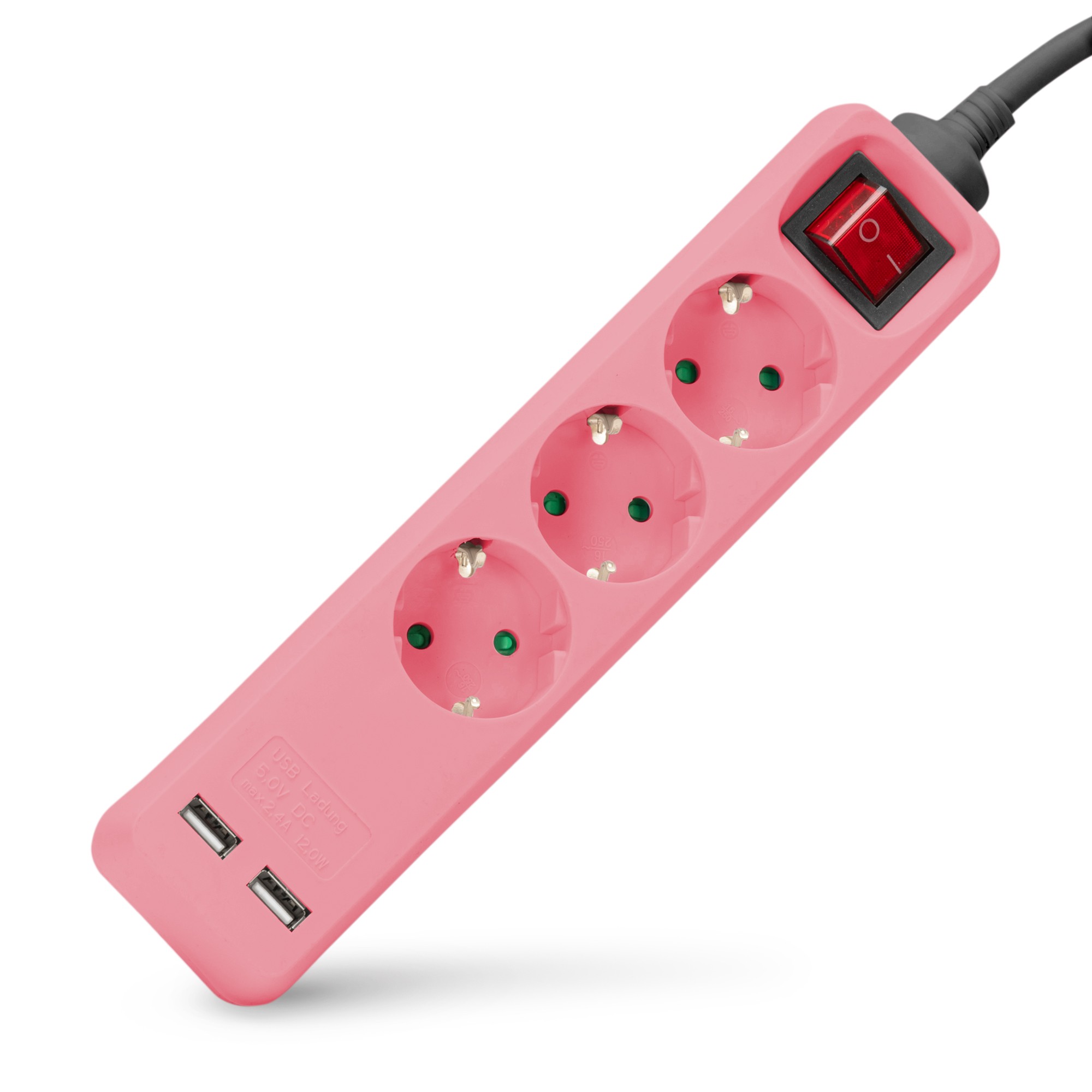 Entac Steckdosenleiste 3fach 2x USB-A, 1,5m pink Steckdosenleisten
