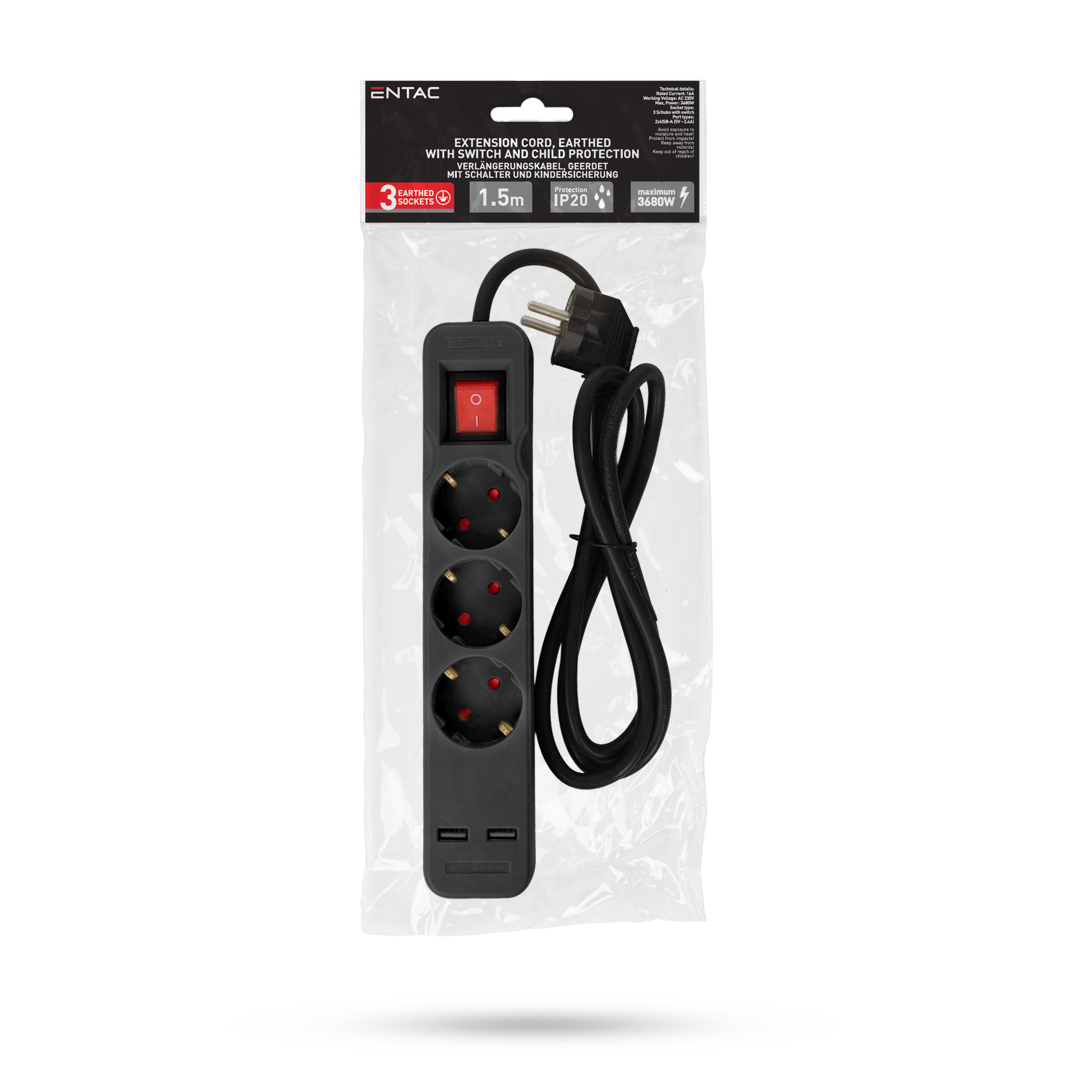 Entac Steckdosenleiste 3fach 2x USB-A, 1,5m schwarz