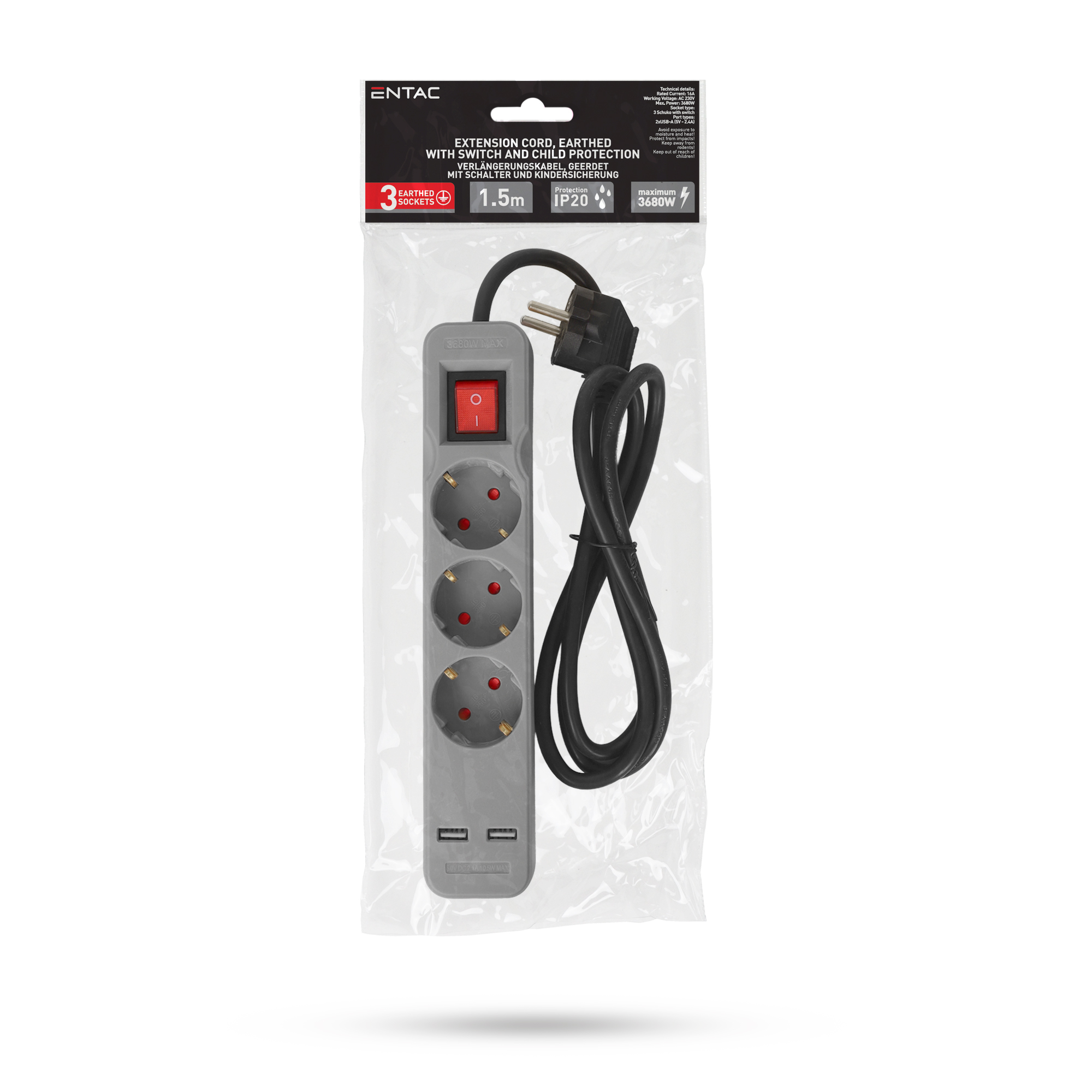 Entac Steckdosenleiste 3fach 2x USB-A, 1,5m grau